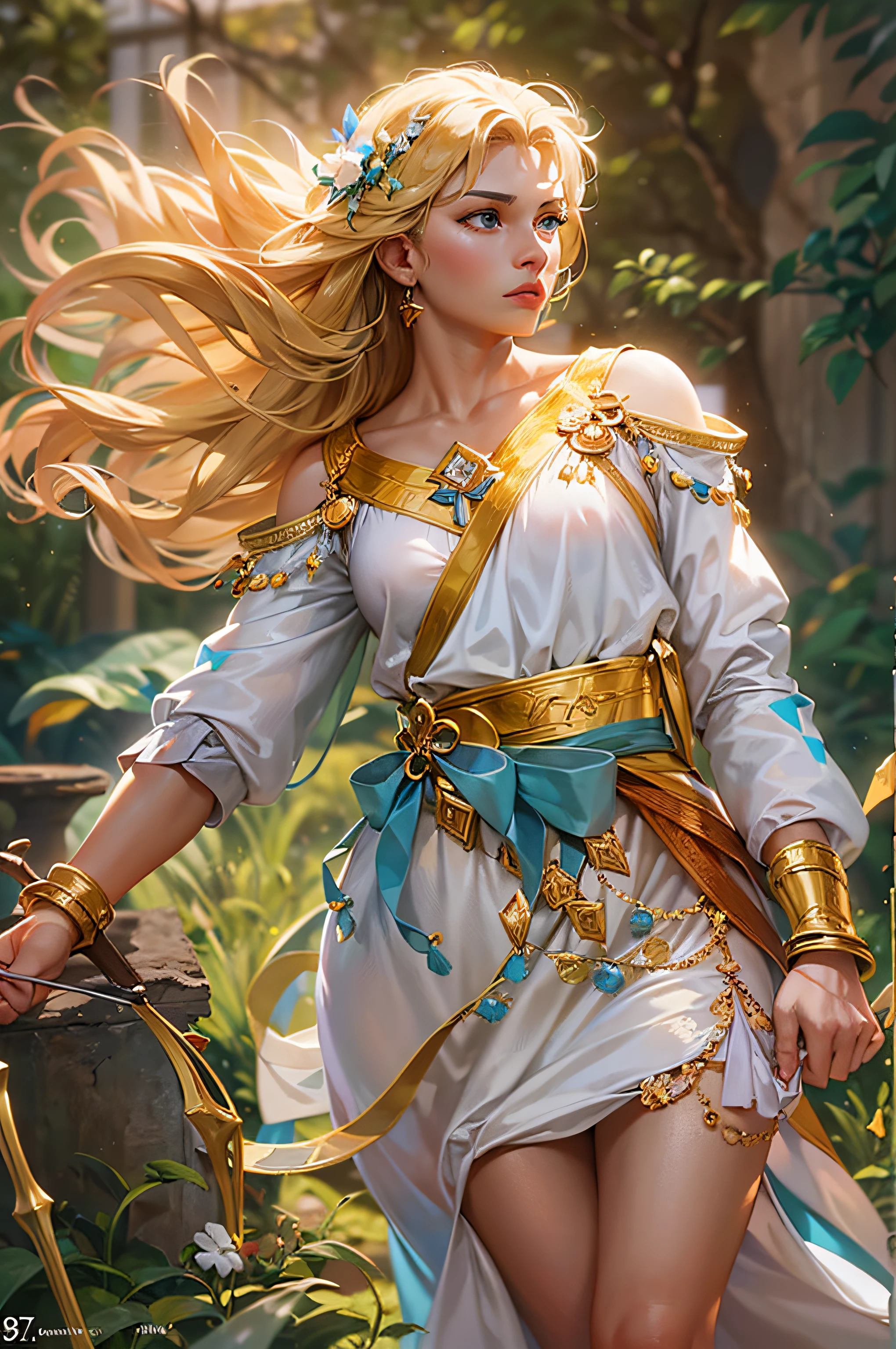 Young goddess of wild nature and virginity and hunting, With (((blonde hair))) and (((blue eyes))), Is stunningly beautiful, Is fair-skinned, Is slender and tall, Shows off her pair of perfect long legs, Wears {a sleeveless, (very short: 1.7), (white:1.5), greek chiton, with golden borders}, Abs, "looks stern and determined", Is holding ((a golden bow)), Is running and chasing her prey, Archery, Mythical Arcadian mountains and forests, Greek mythology, vibrant and lively atmosphere, digital art, hyperrealism, super high quality, super detail, ultra accurate description of hands, masterpiece, 8k, HDR