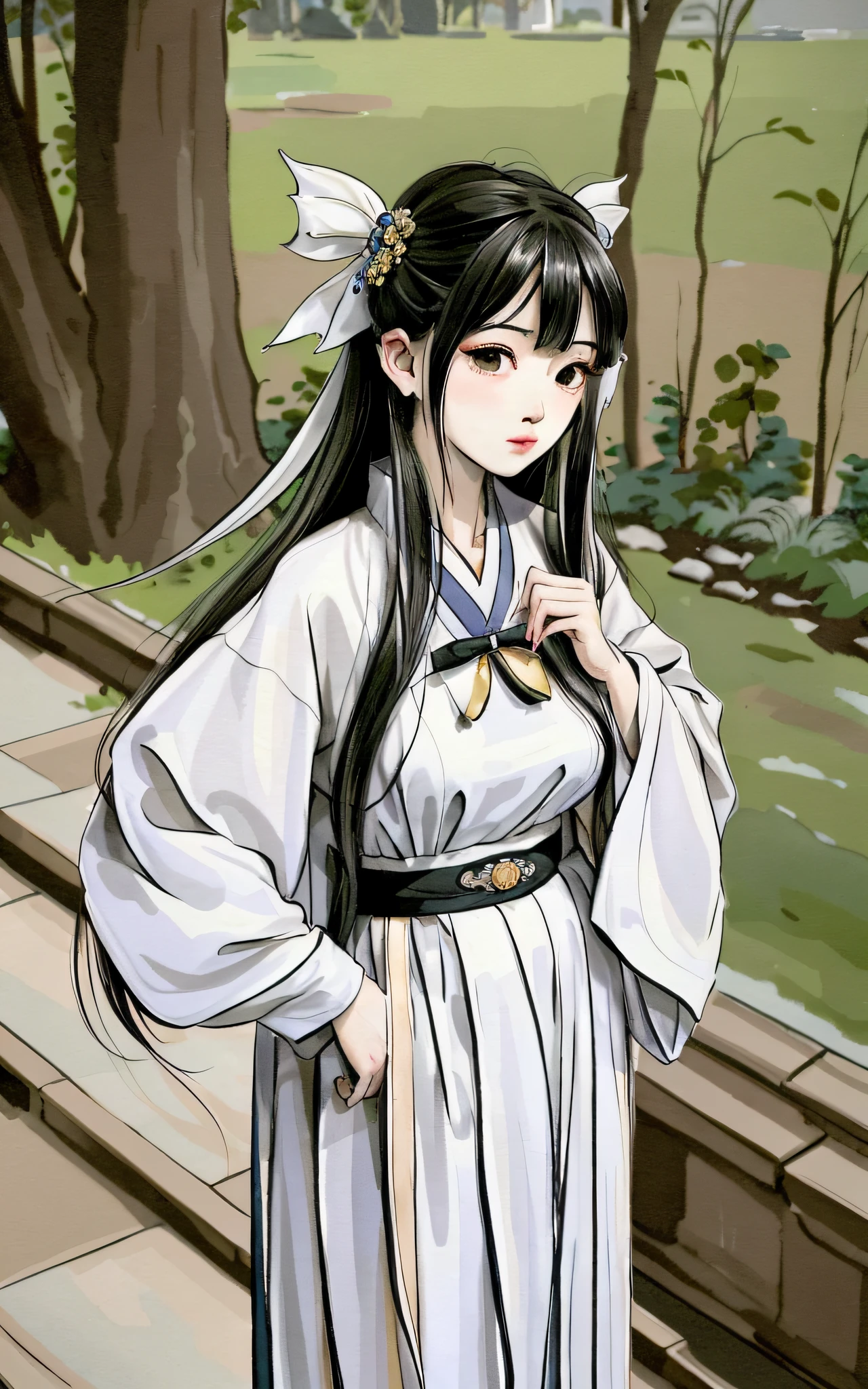 shukezouma, Negative space, , shuimobysim , Portrait of a woman standing , Willow branches, (Masterpiece, Best quality:1.2), Traditional Chinese Ink Painting, ModelShoot style, Peaceful, (Smile), view the viewer, wearing long hanfu, Hanfu, Song, Willow tree in background, wuchangshuo,tmasterpiece，Need，illustration，{Beautiful Meticulous Girl}，Beautiful and delicate halo，（flame of war：1.2），（Nuclear explosions behind it：1.3），Sateen，detailed lighting，detail water，（美丽细致的眼睛：1.1），expressiveless,court,skyblue hair,Loose hair,with long bangs,eyebrows very,(White and gray dress:1.1),black ribbon,White tie,upper abdominals,big forehead,Dumb,florals,longer sleeves