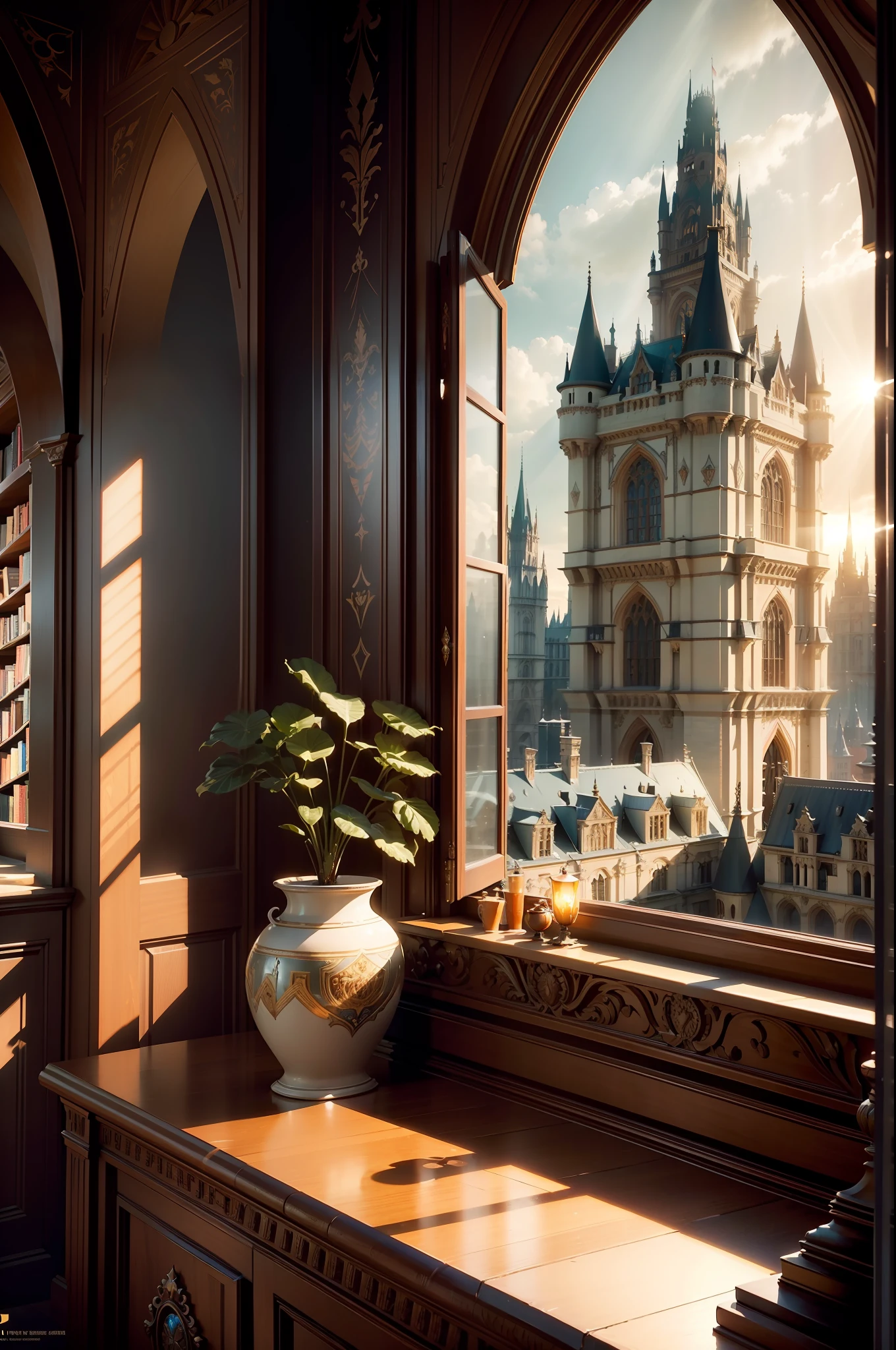 (majestic Sprawling Library With Wall-To-Ceiling Ornate Bookshelves), (((open window facing distant grand castle))), Sun Rays From Windows, Varied Books, by alphonse mucha, octane render, rich Color, Masterpiece, colorful, award-winning photography, sharp focus, Extreme Detail, Hyperrealistic, 8k uhd, photorealistic, Exquisite Detail, Detailed Full-Color, ((cinematic Lighting)), artistic Composition, trending on artstation