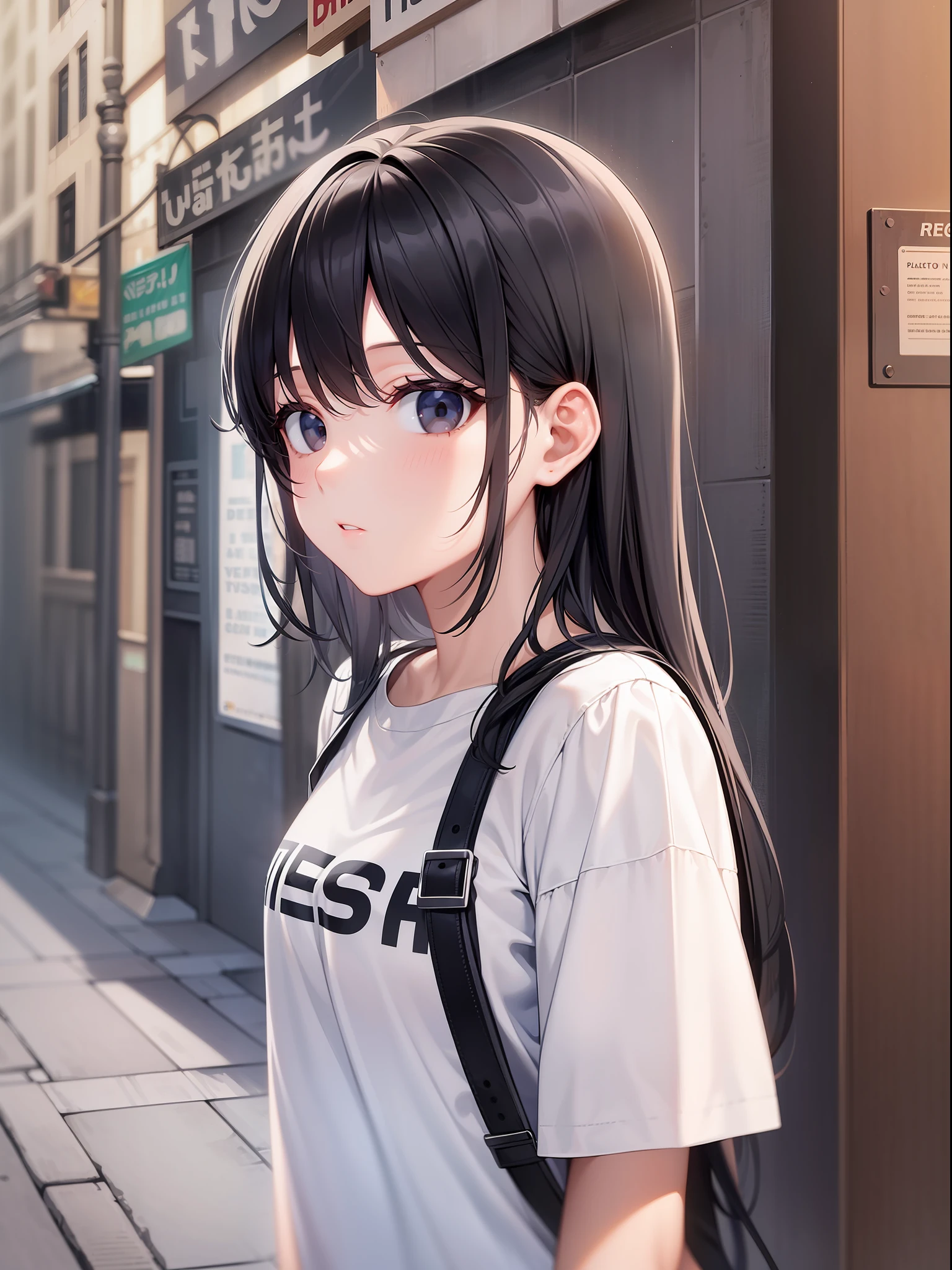 best quality masterpiece girl black hair black eyes white t-shirt shorts