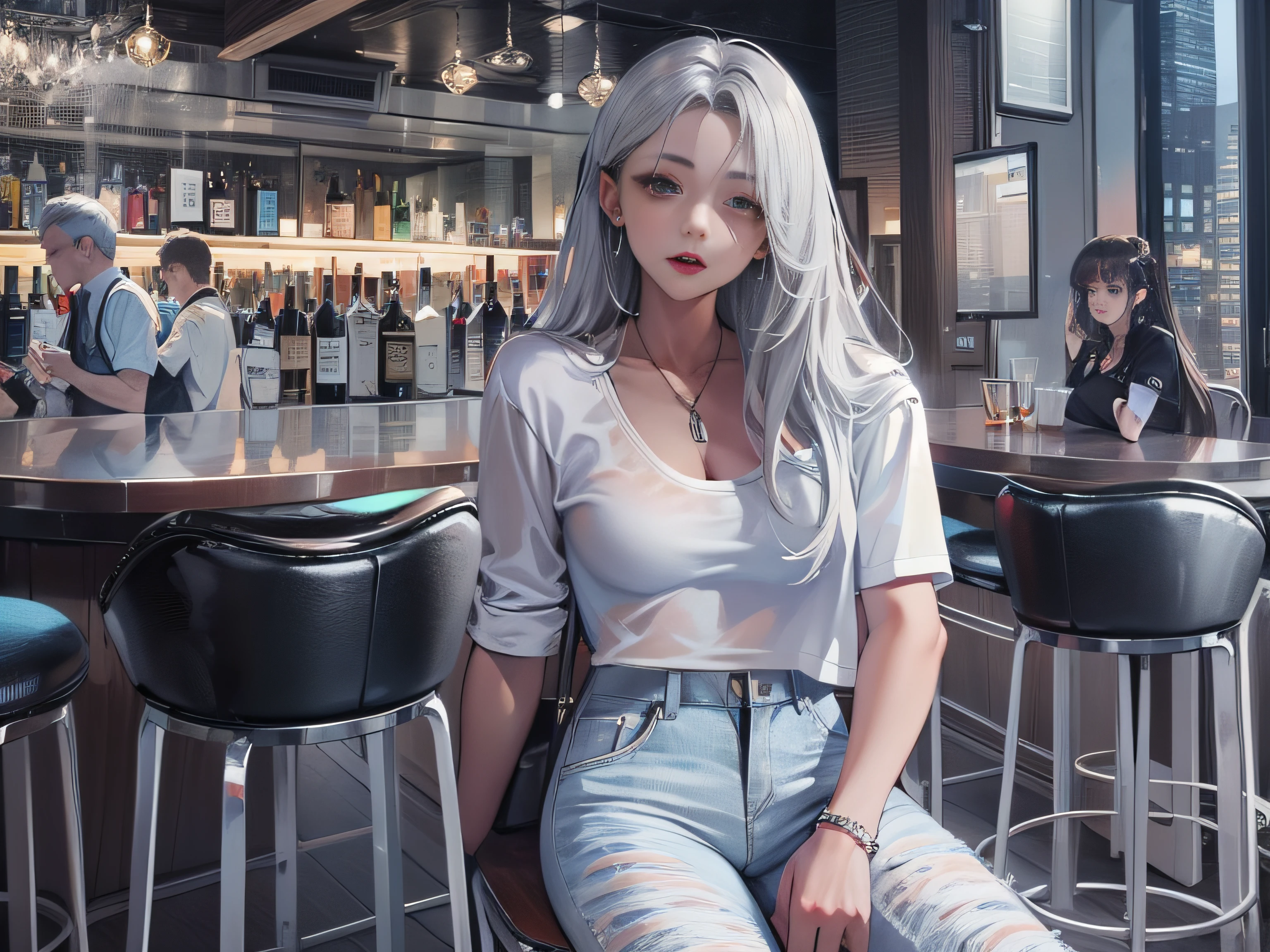 An 18-year-old girl with long silver hair and white half-sleeves and jean pants,sit on chair,Inside a modern urban bar,grand master,tmasterpiece,4k,Ultra-high image quality。
