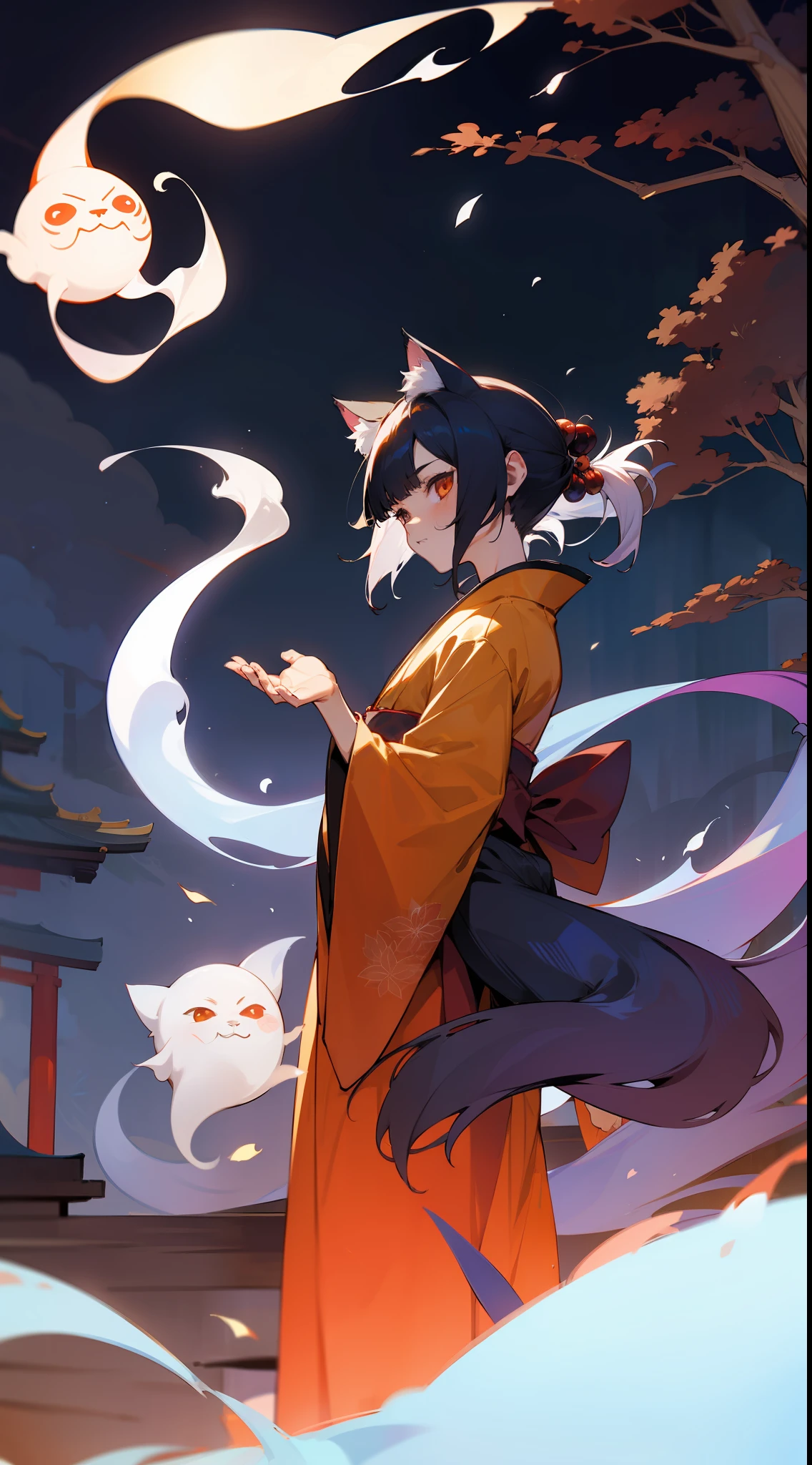 A boy with old-fashioned ghost cat ears and tail shorth hair About 15 years old Eyes Like Gems youkai Breakdown shrines Wearing kimono