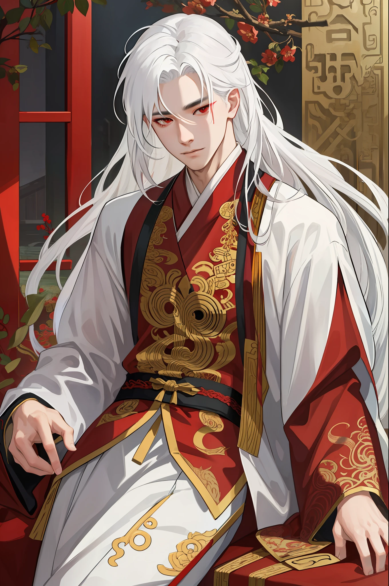 nsfw, masterpiece, best quality, ultra-detailed, semi-realistic, detailed facial features, 1boy, white hair, long hair, red eyes, wearing a detailed and intricate xianxia ancient clothes