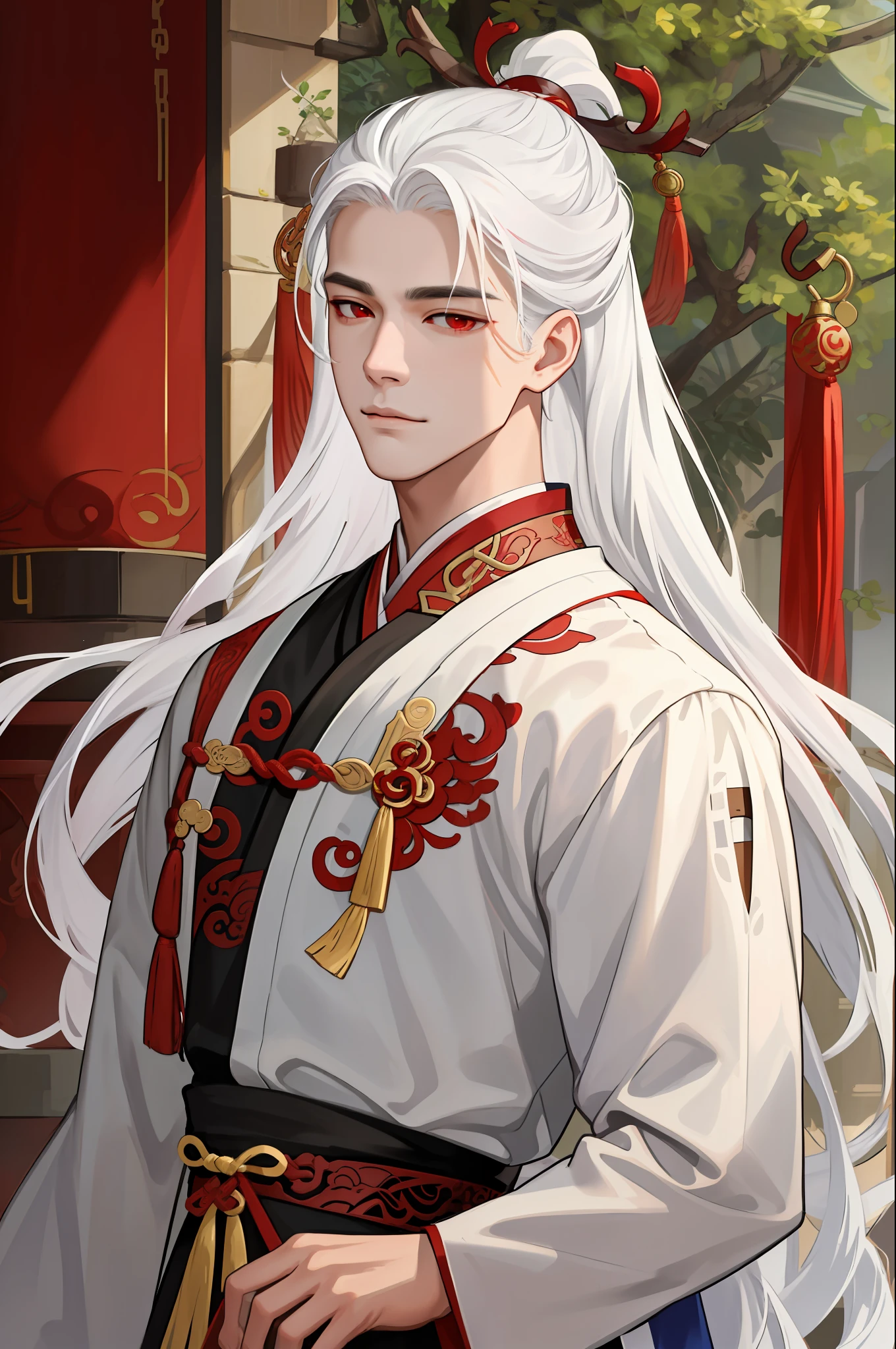 nsfw, masterpiece, best quality, ultra-detailed, semi-realistic, detailed facial features, 1boy, white hair, long hair, red eyes, wearing a detailed and intricate xianxia ancient clothes