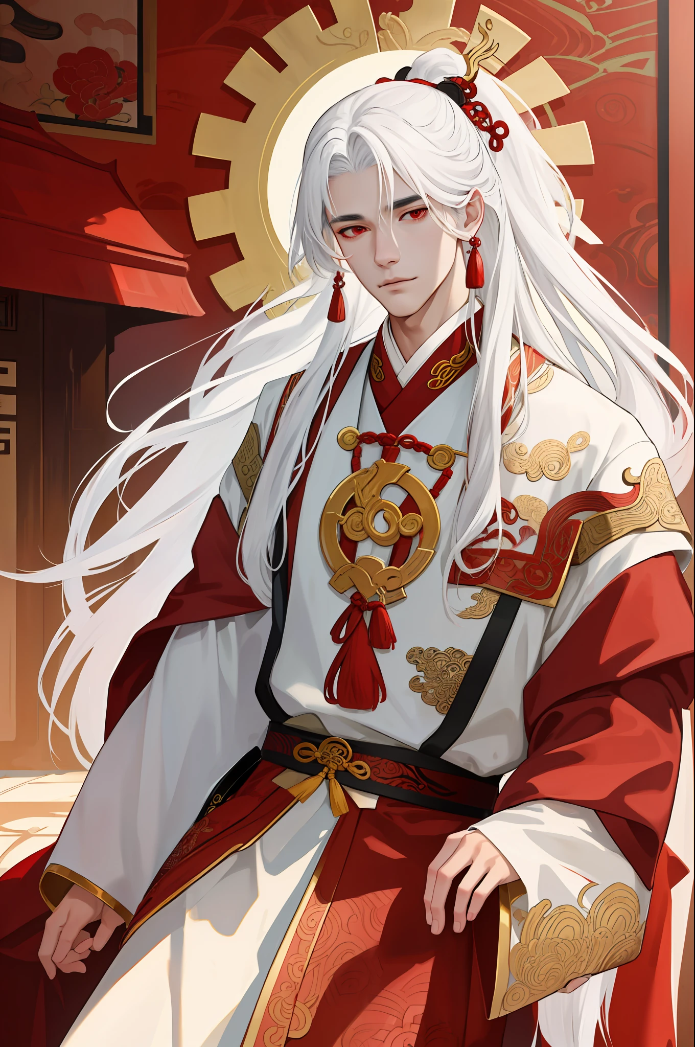 nsfw, masterpiece, best quality, ultra-detailed, semi-realistic, detailed facial features, 1boy, white hair, long hair, red eyes, wearing a detailed and intricate xianxia ancient clothes