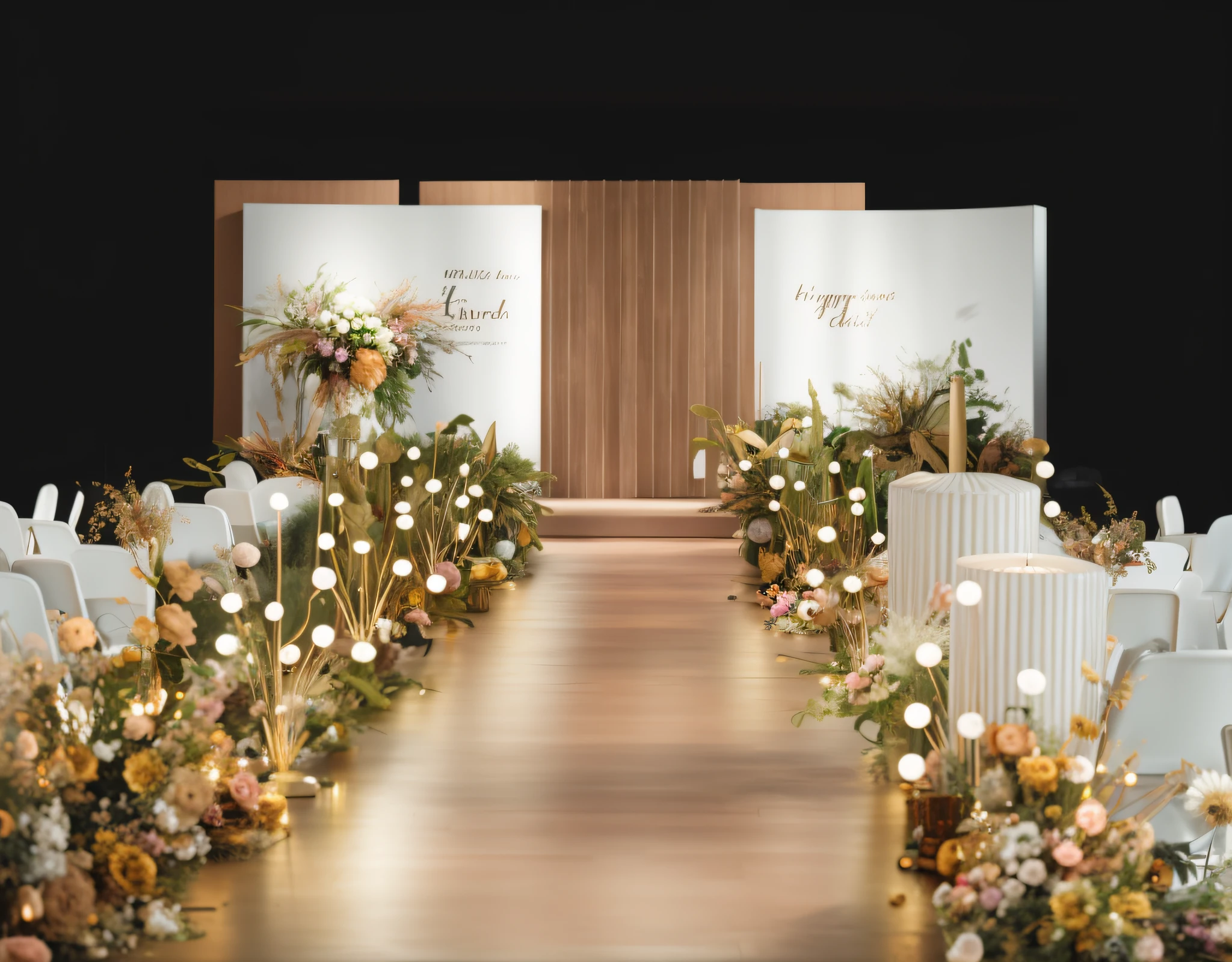 8K quality,Ultra-clear,Golden,opulent,lamp lights,Wedding renderings,Interior design,3Drenderingof,8K分辨率,hyper HD,Lots of small flowers,Tables, chairs and benches,carpets,Stage light,exquisite lighting and shadows,Detail portrayal,