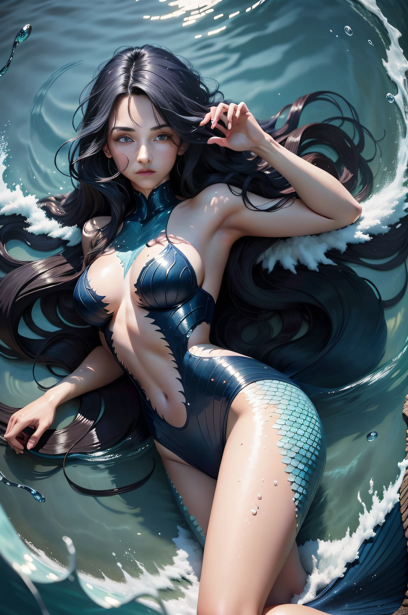 The animations are rich in detail,This is a high-quality 8K masterpiece,18-year-old beauty,Long dark blue hair,wavy and long hair,swimming a n middle of the sea,Fantasy style,Mermaid pose