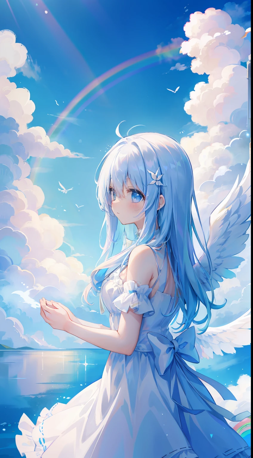 rainbows、One girl、on clouds、Heaven、angelicales、White Dress、Angel wings、White floor、​​clouds、ren、Beautiful blue sky、Fluttering hair