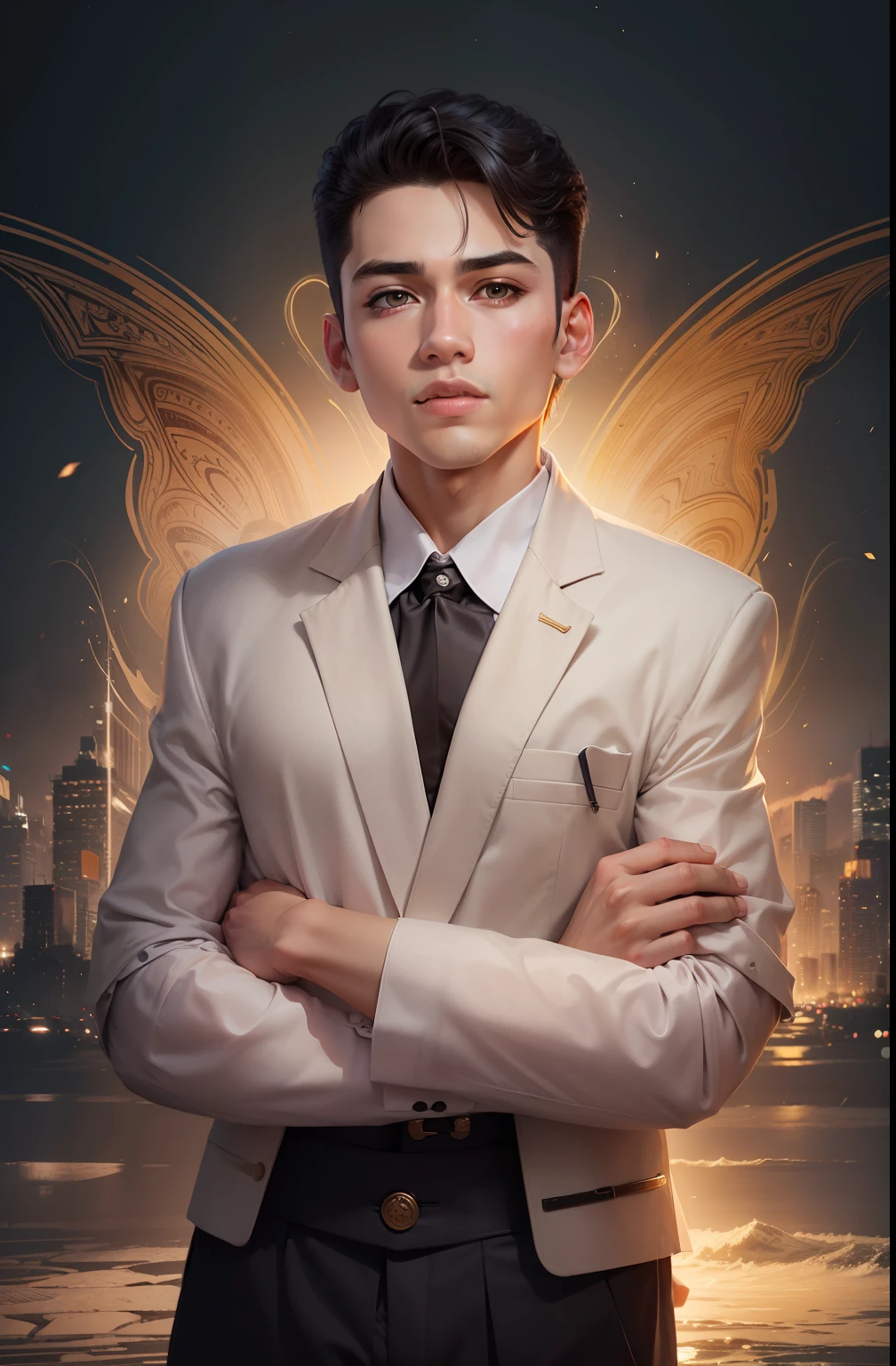 Change background , make it handsome boy , do some change in face it look like little bit cartoon , fit body