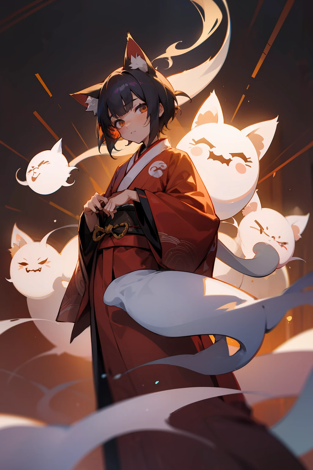 A boy with old-fashioned ghost cat ears and tail　About 15 years old　Eyes Like Gems　youkai　Breakdown　shrines　Wearing kimono　A sexy