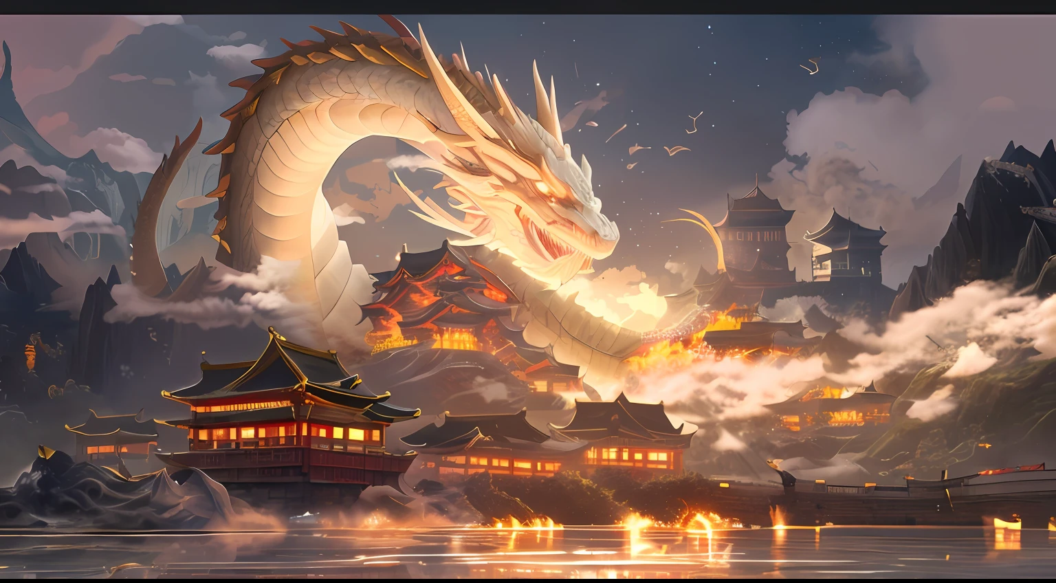 It depicts a dragon flying over a city on fire, chinese dragon concept art, Chinese fantasy, dragon blowing fire above, ''dragon breathing fire, by Yang J, Dragon Art, 8K high quality detailed art, G Liulian art style, 4k highly detailed digital art, dragon breathing fire, majestic japanese dragon, Huge dragon as background best quality， tmasterpiece， 超高分辨率， （realisticlying：1.4）， RAW photogr，