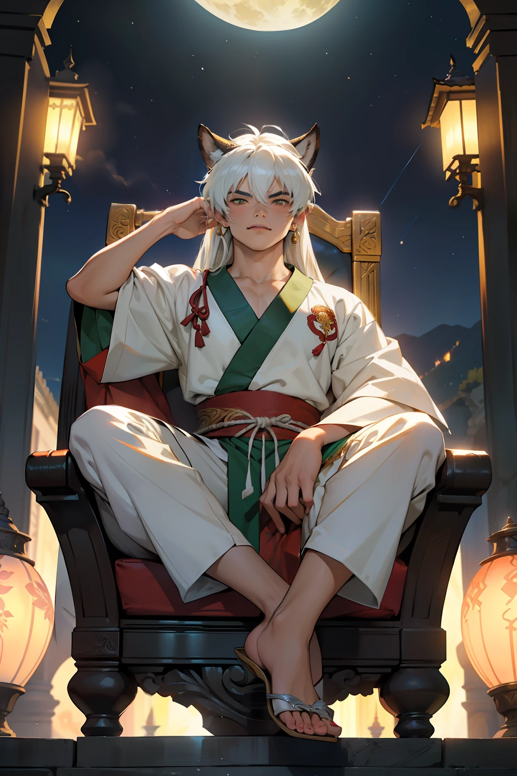 ((melhor qualidade)), ((obra-prima)), (altamente detalhado:1.3)a noite lua cheia gobodo-sama (inuyasha) sitting on a throne in a luxurious palace