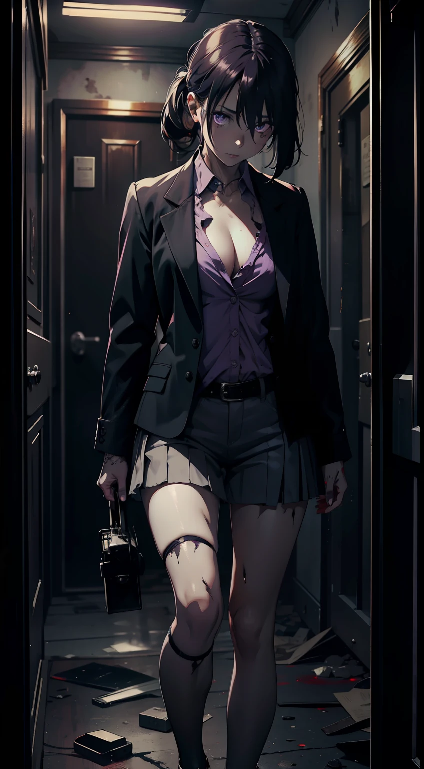 one-girl，Dark and gloomy full body 8k fisheye lens photo，jocker，Wearing a tattered purple suit，In the disorganized madhouse，blood-stained，Tattered shirt，skin pore，Fine and complex iris，Very dim light，Heavy shadows，A detailed，A detailed的脸，（with dynamism，photograph realistic，realisticlying，dramatics，darkly，Clear focus，8k）