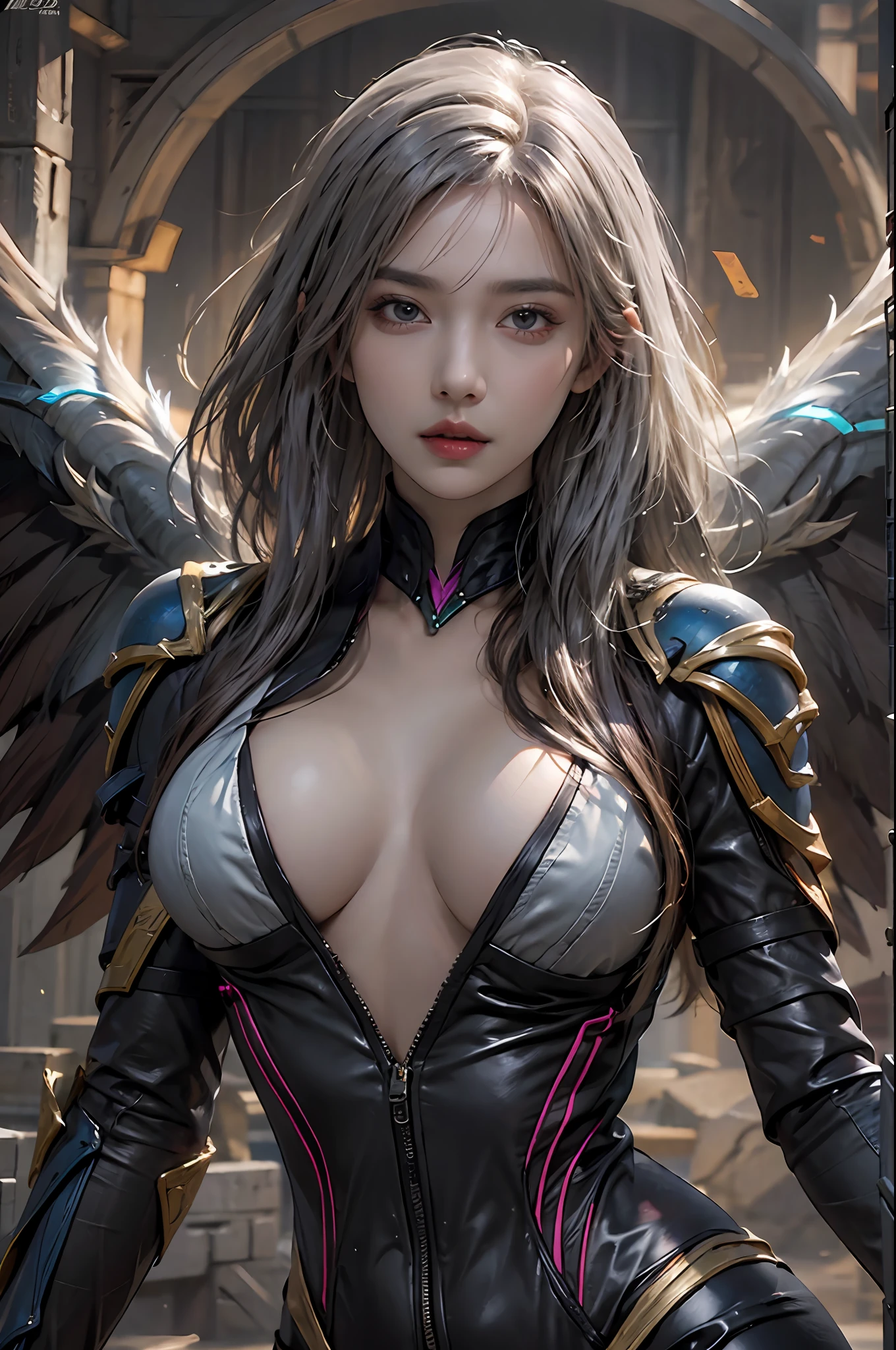 photorealistic, high resolution, 1women, solo, hips up, look at viewer, (detailed face), kai'sa /league of legends, bodysuit, void wings