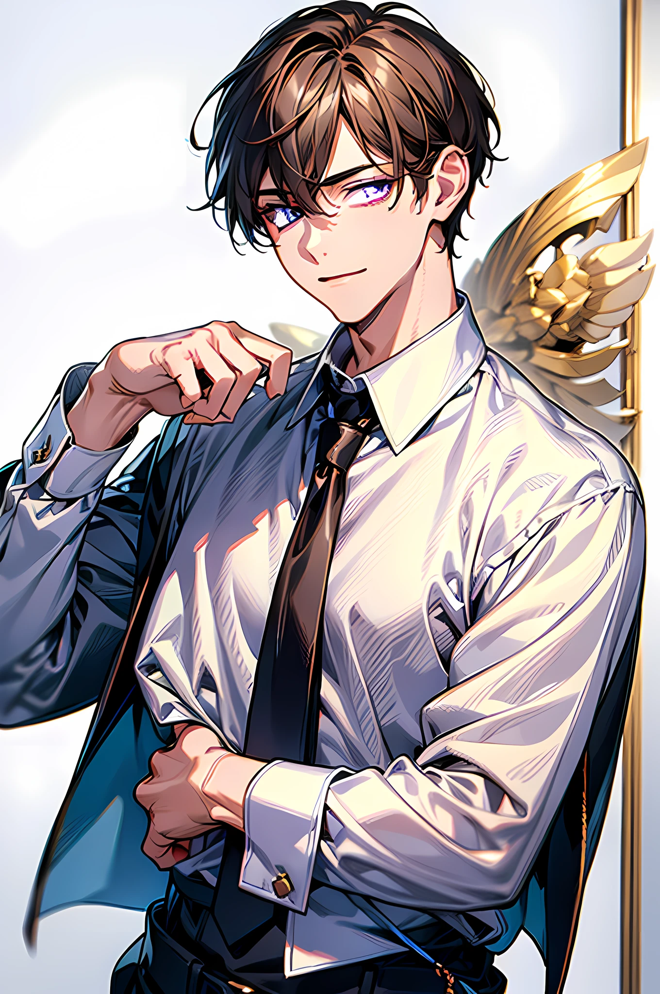 (MASTERPIECE, TOP QUALITY, BEST QUALITY, OFFICIAL ART, BEAUTIFUL AND AESTHETIC:1.2), EXTREMELY DETAILED, HIGH QUALITY, HIGHRES, SMILE, UPPER BODY, LOOKING AT VIEWER, (1BOY:1.4), (MATURE MALE:1.4), SOLO FOCUS, INTRICATE DESIGN, (VERY DETAILED EYES:1.5), SHORT HAIR, BROWN HAIR, HAIR BETWEEN EYES, (SHINY SKIN), WHITE BACKGROUND, navi necktie, white shirt, collared white shirt, purple eyes