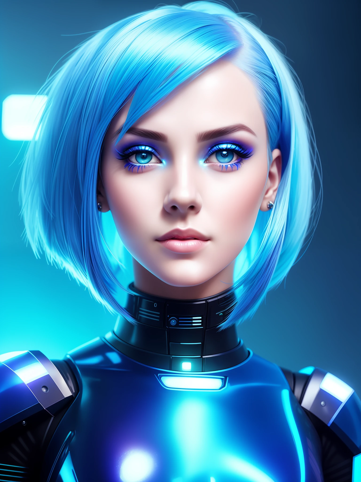 a close up of a woman with a blue hair and a shiny top, glowwave girl portrait, portrait beautiful sci - fi girl, beautiful female android, portrait of a female android, dreamy cyberpunk girl, portrait of female humanoid, portrait of female android, retrofuturistic female android, beautiful android woman, the cyberpunk girl portrait, beautiful cyborg girl