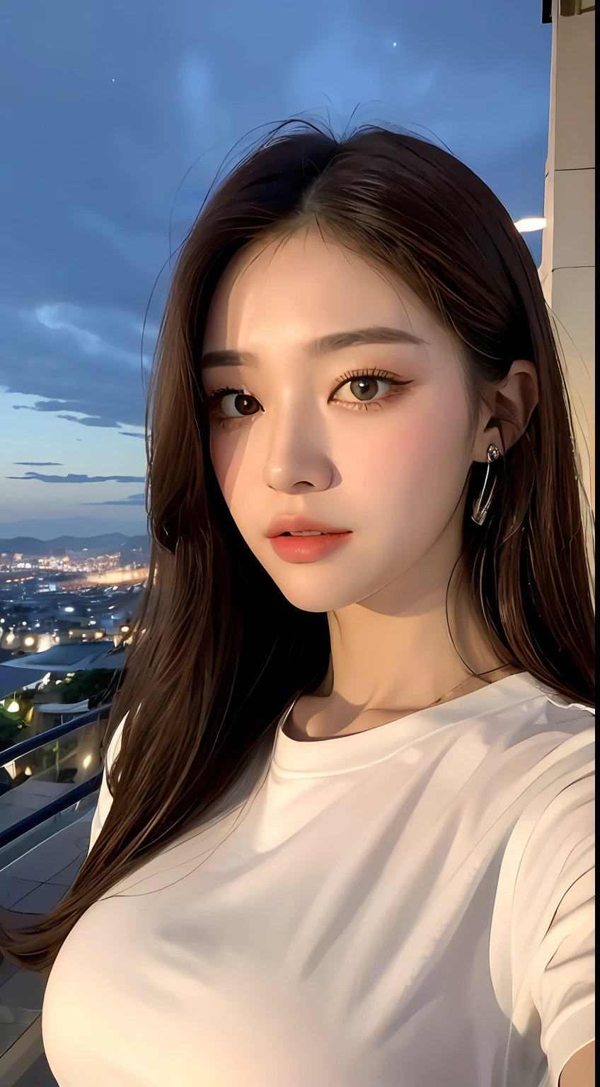((Midnight, Best quality, 8k, Masterpiece :1.3)), Whole body, Long legs, Sharp focus :1.2, A pretty woman with perfect figure :1.4, Slender abs :1.1, ((Dark brown hair, Big breasts :1.2)), (White tight tshirt, Jean bib, Standing:1.2), ((Night city view, Rooftop:1.3)), Highly detailed face and skin texture, Detailed eyes, Double eyelid