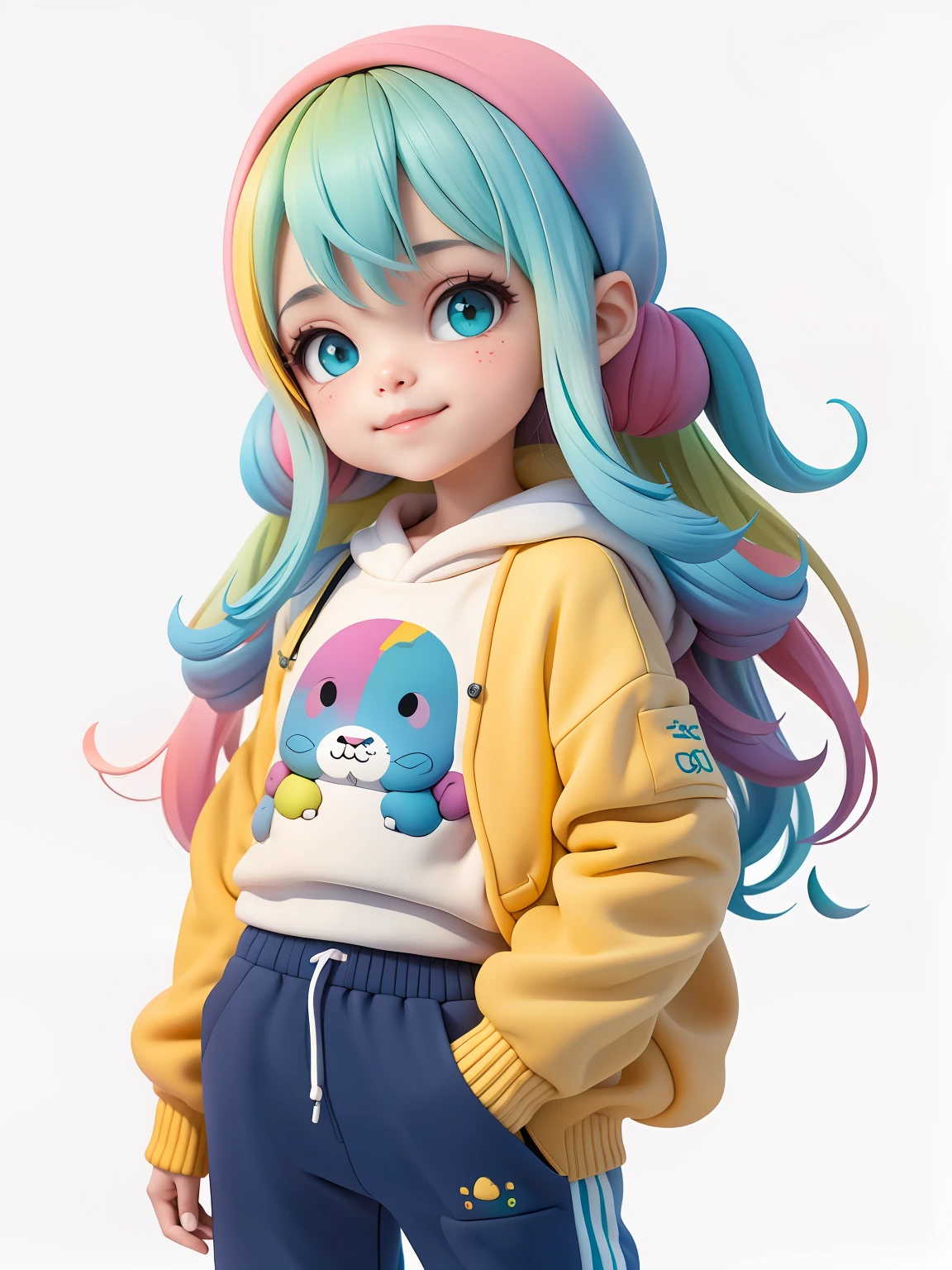 (obra-prima), (melhor qualidade), (ultra-detalhado), (corpo inteiro: 1.2) bonito, meninas, capuz, moletom preto, Knitted jumpsuits, Pants, jaqueta, blusa, sorriso claro, corpo inteiro, :3, cabelo multicolor, fundo tom pastel , colorido e simples.
