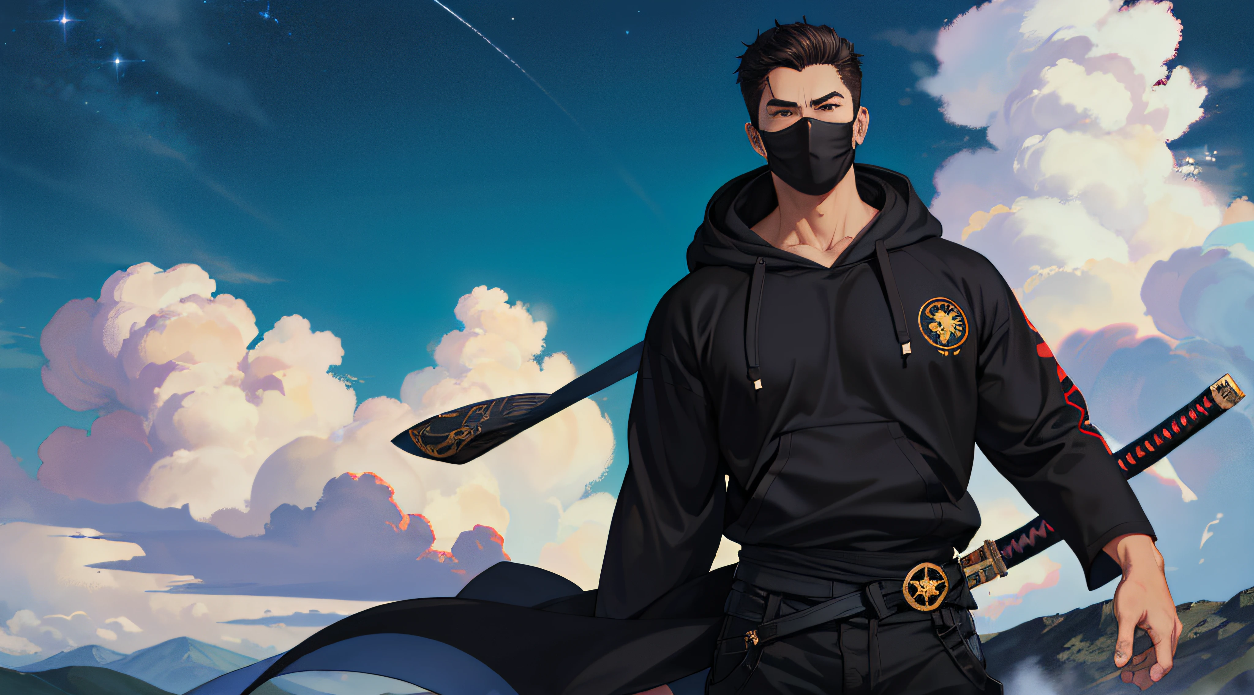 anime man with a mask and two swords standing in front of a mountain, artwork in the style of guweiz, range murata and artgerm, trigger anime artstyle, handsome guy in demon slayer art, key anime art, ross tran and bayard wu, badass anime 8 k, rossdraws 2. 0, rob rey and kentaro miura style