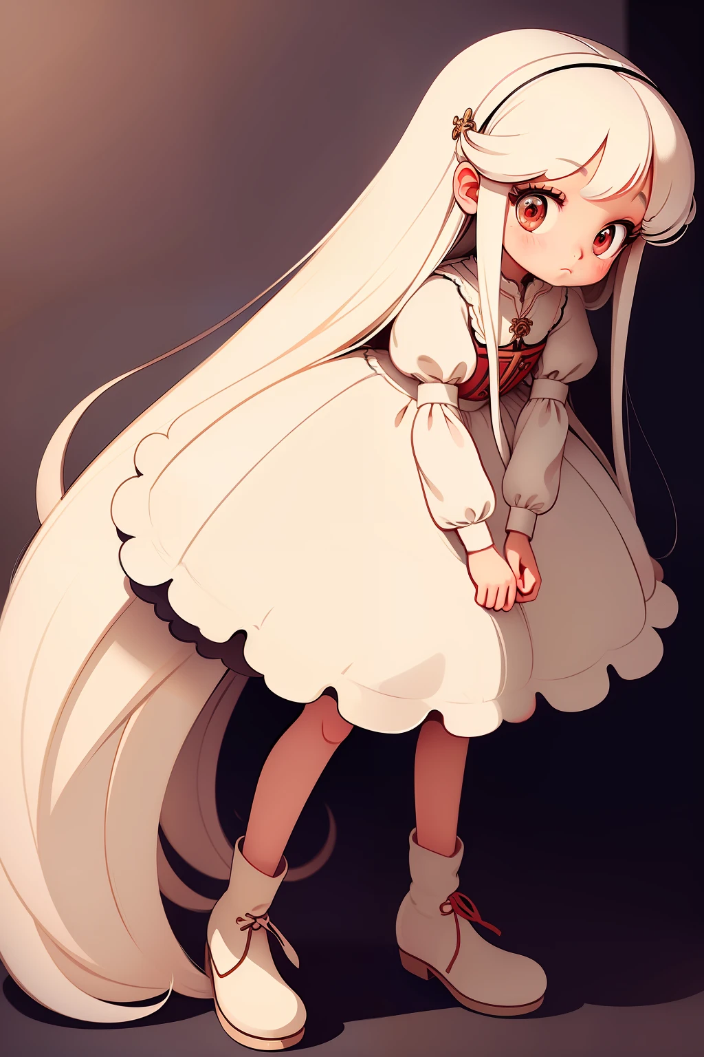 The girl has long white hair, straight hair, red eyes, beige white dress, cute sleepy eyes, hazy knees, leg bending and coquettish, medieval Western European loli, childish face