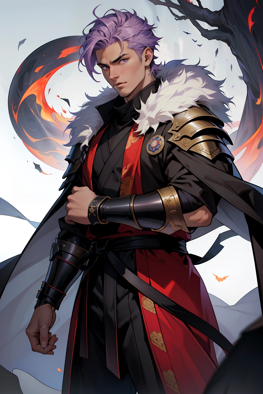 The facial features are clear and three-dimensional,Masterpiece,Highest quality,Handsome male guy,European and American faces,short light purple hair,Wearing ancient Japanese armor,Animal fur coat with black cape,Martial artist,Ghost fire,Black flame,Red pants,Martial artist,Side face,depth of fields