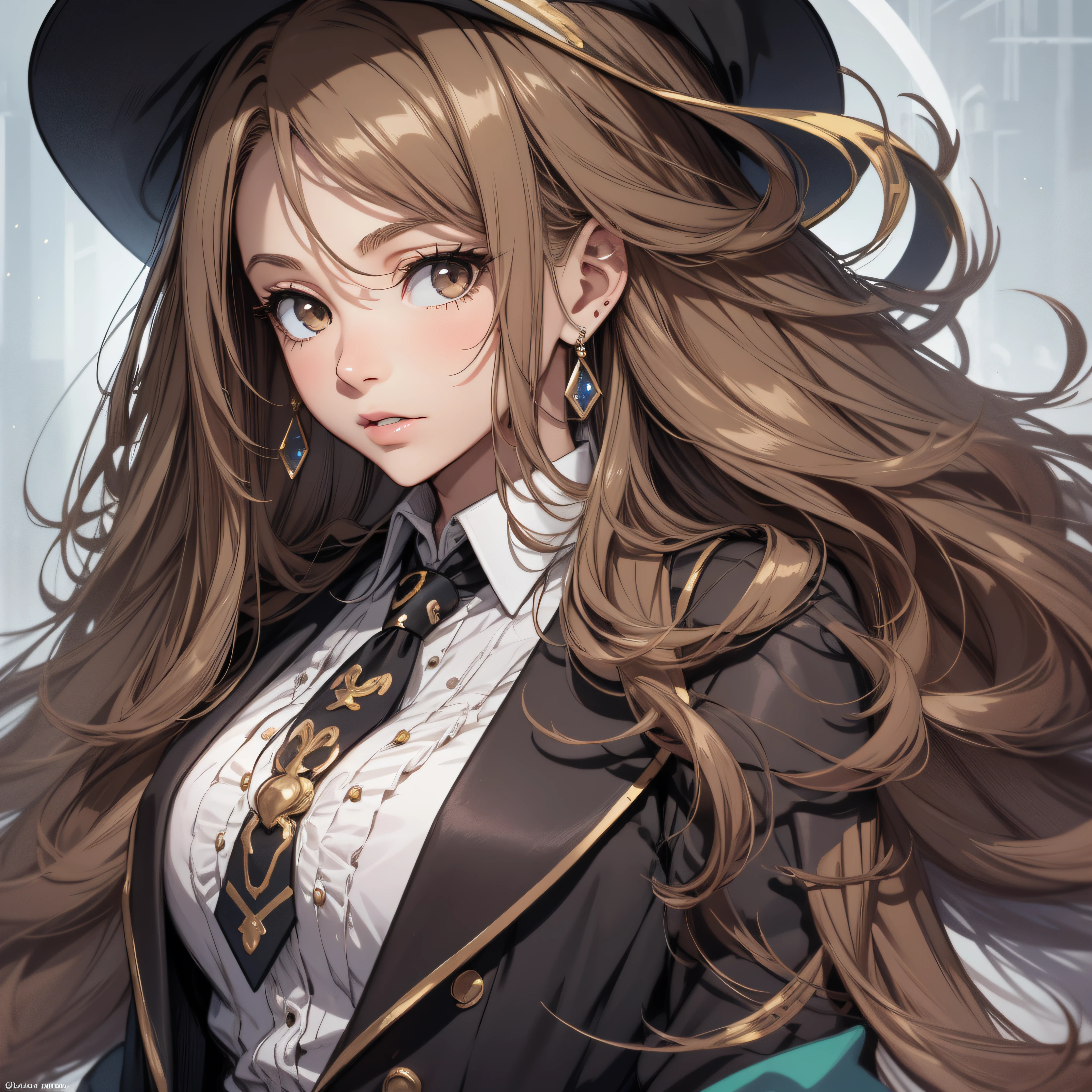 (best quality, masterpiece, ultra-detailed, extremely detailed, highres), (1girl, single, solo), ************ Anime girl, brown hair, long raven hair, slightly wavy hair, parted bangs, Magus, brown eyes, diamond earrings, long black coat, necktie, white shirt, black skirt, aristocrat, noble attire, beautiful, ethereal, elegant, prestigious, classic, royal building, natural lips, magic school