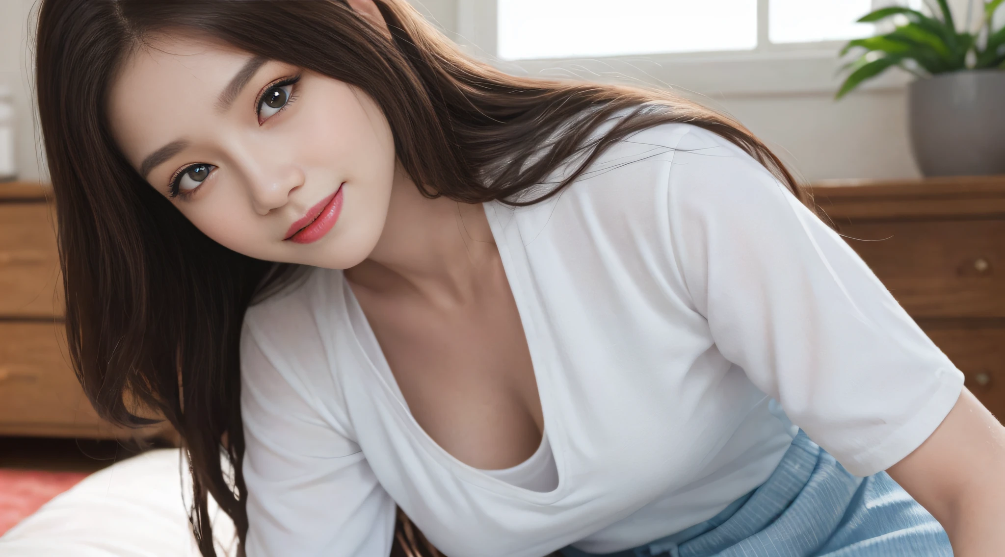 Masterpiece, Best quality, landscape, ,(Solo:1.3),,(Face focus),Half body,(Close-up:1.2),Bright light,1girll, brown hair, (Blue eyes),(Long hair),White shirt,red micro skirt, Bedroom,,in living room,,Smile,,
