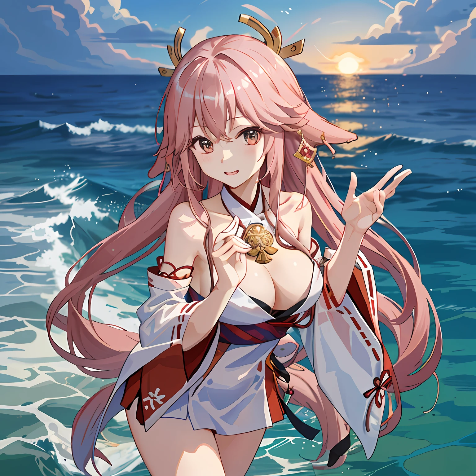 Yae Miko grabbed her chest with both hands,nakeness,Ultimate temptation,extreme hight detail,Naked。tmasterpiece。Swim in the sea