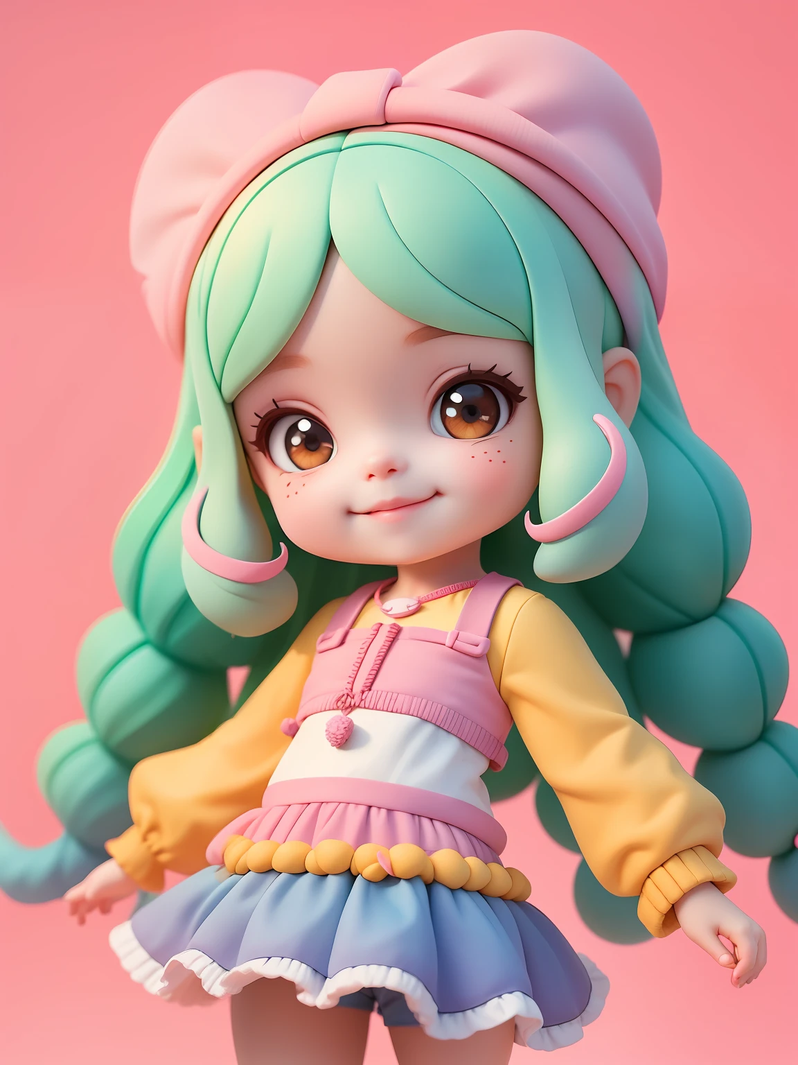 baby loli menina, detalhado, sorriso claro, corpo inteiro, :3, cabelo escuro e preso, Modern accessories, fundo tom pastel e simples.