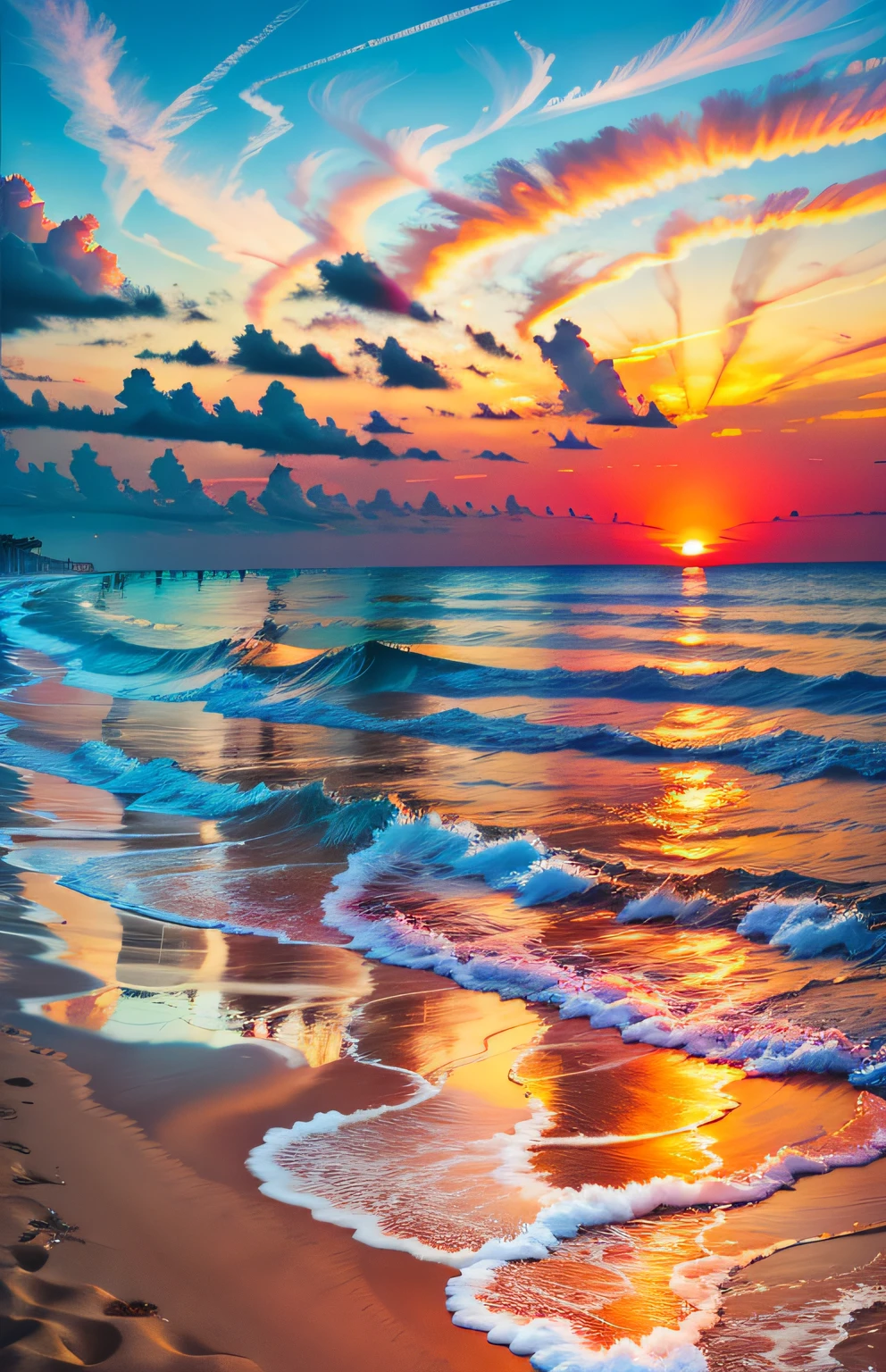 An absolutely mesmerizing sunset over the beach, with a blend of oranges, pinks, and yellows filling the sky. Crystal-clear waters of the sea gently kissing the shore, with sandy white beach stretching far and wide. The scene is dynamic and breathtaking, with seagulls soaring high in the sky and gently swaying palm trees. Take in the calming atmosphere and let the peacefulness wash over you.