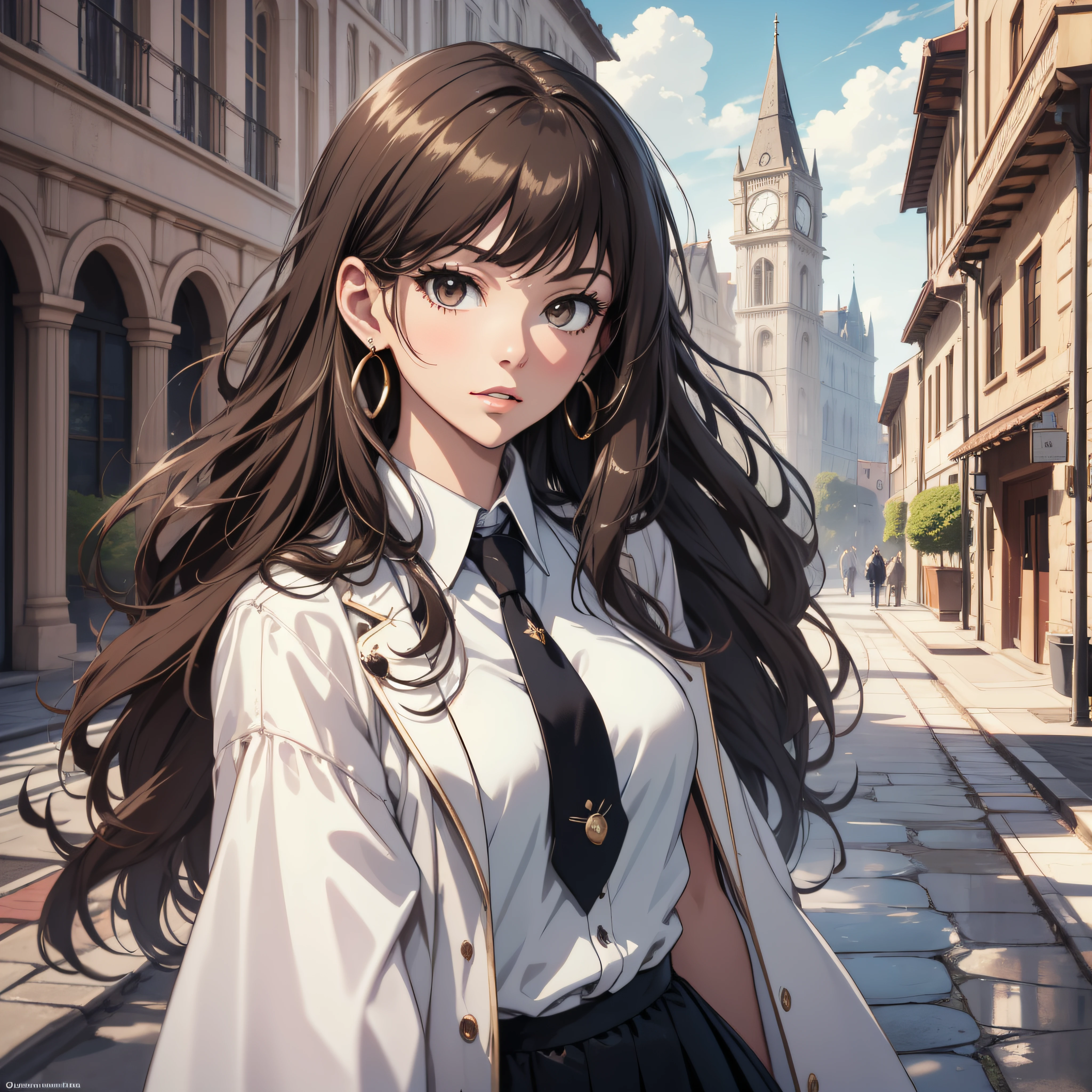 (best quality, masterpiece, ultra-detailed, extremely detailed, highres), (1girl, single, solo), 16 years old Anime girl, brown hair, long raven hair, slightly wavy hair, parted bangs, Magus, brown eyes, diamond earrings, long black coat, necktie, white shirt, black skirt, aristocrat, noble attire, beautiful, ethereal, elegant, prestigious, classic, royal building, natural lips, magic school