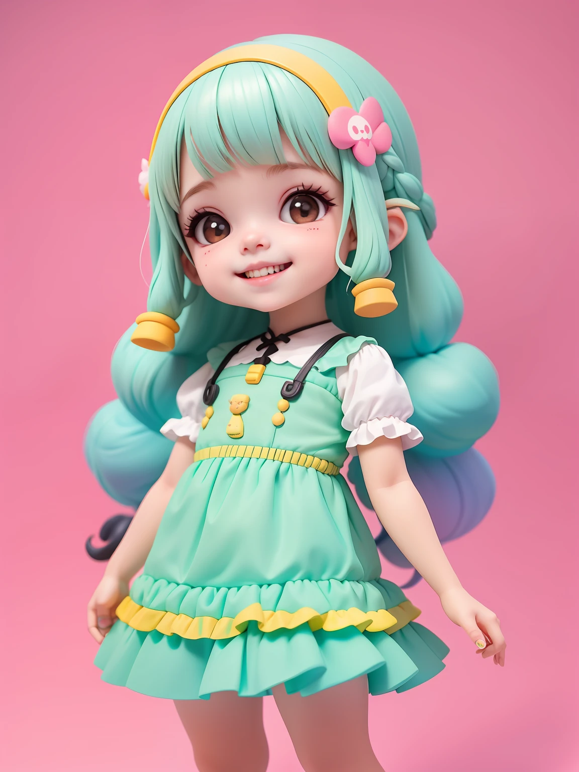 baby loli menina, detalhado, sorriso claro, corpo inteiro, :3, cabelo escuro e preso, Modern accessories, fundo tom pastel e simples.