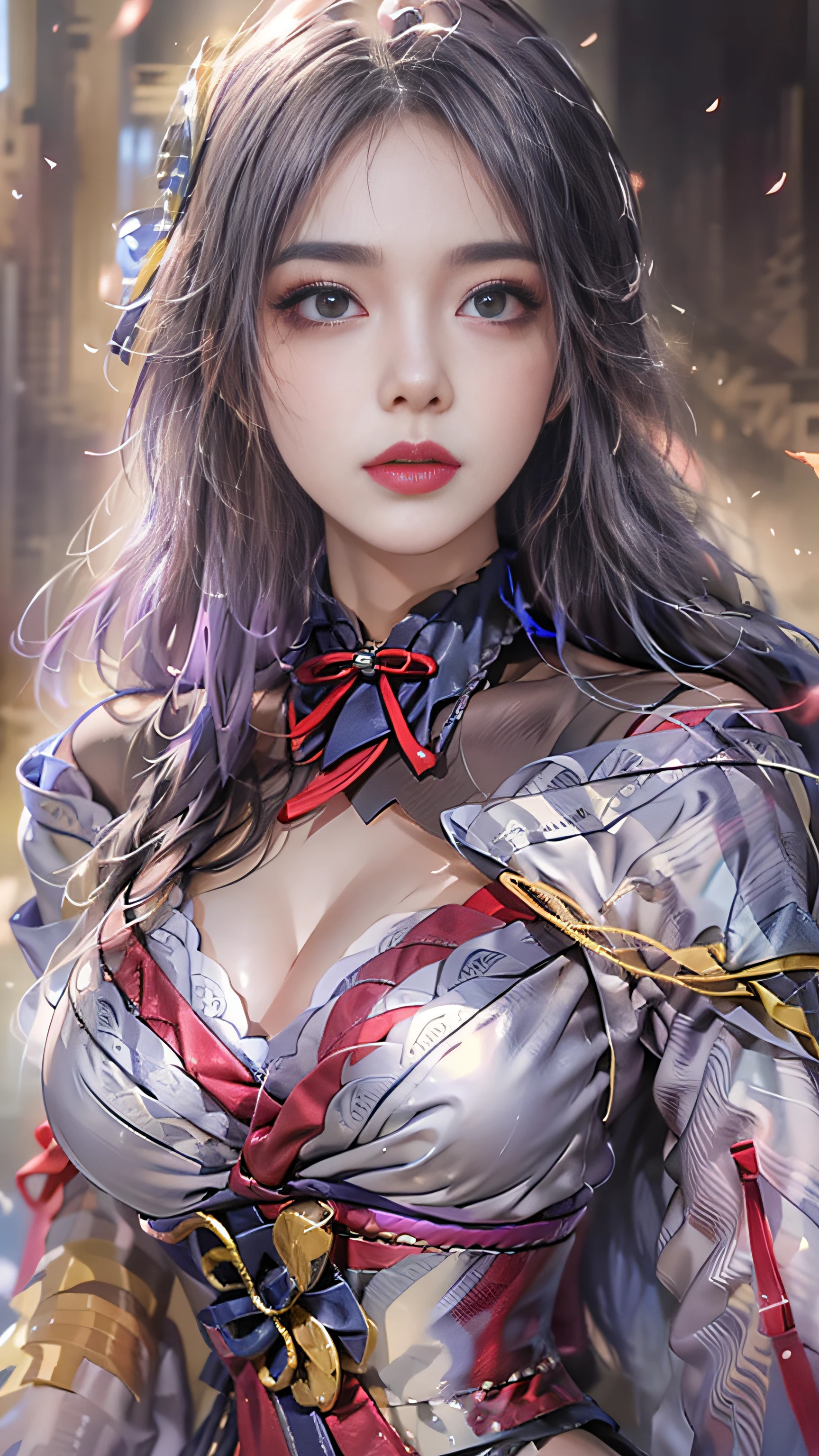 Super beautiful big shining eyes、Photorealistic, High resolution, 1 girl, hips up high, Long hair, Beautiful eyes, normal breast, Raiden General Costume