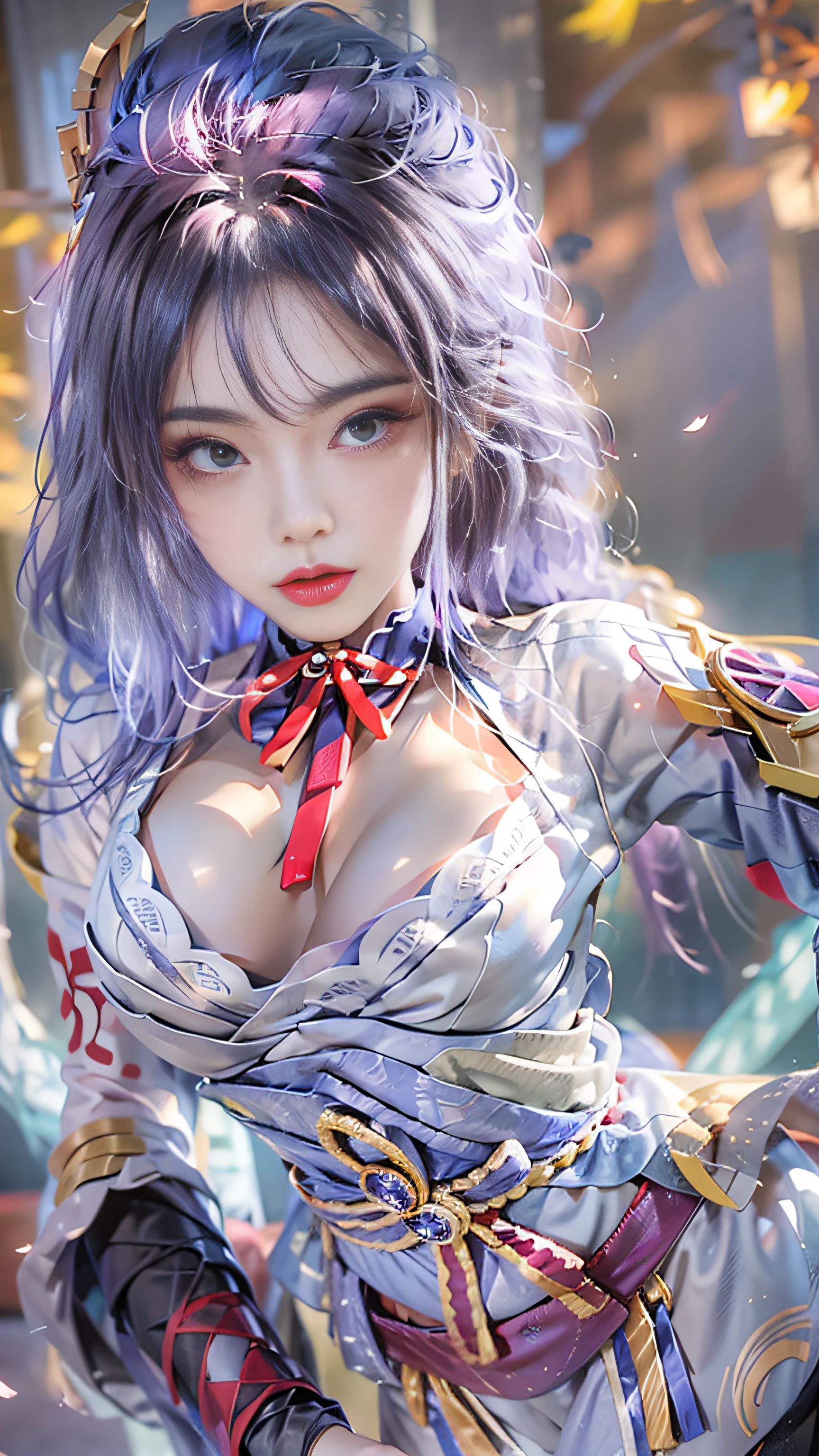 Super beautiful big shining eyes、Photorealistic, High resolution, 1 girl, hips up high, Long hair, Beautiful eyes, normal breast, Raiden General Costume