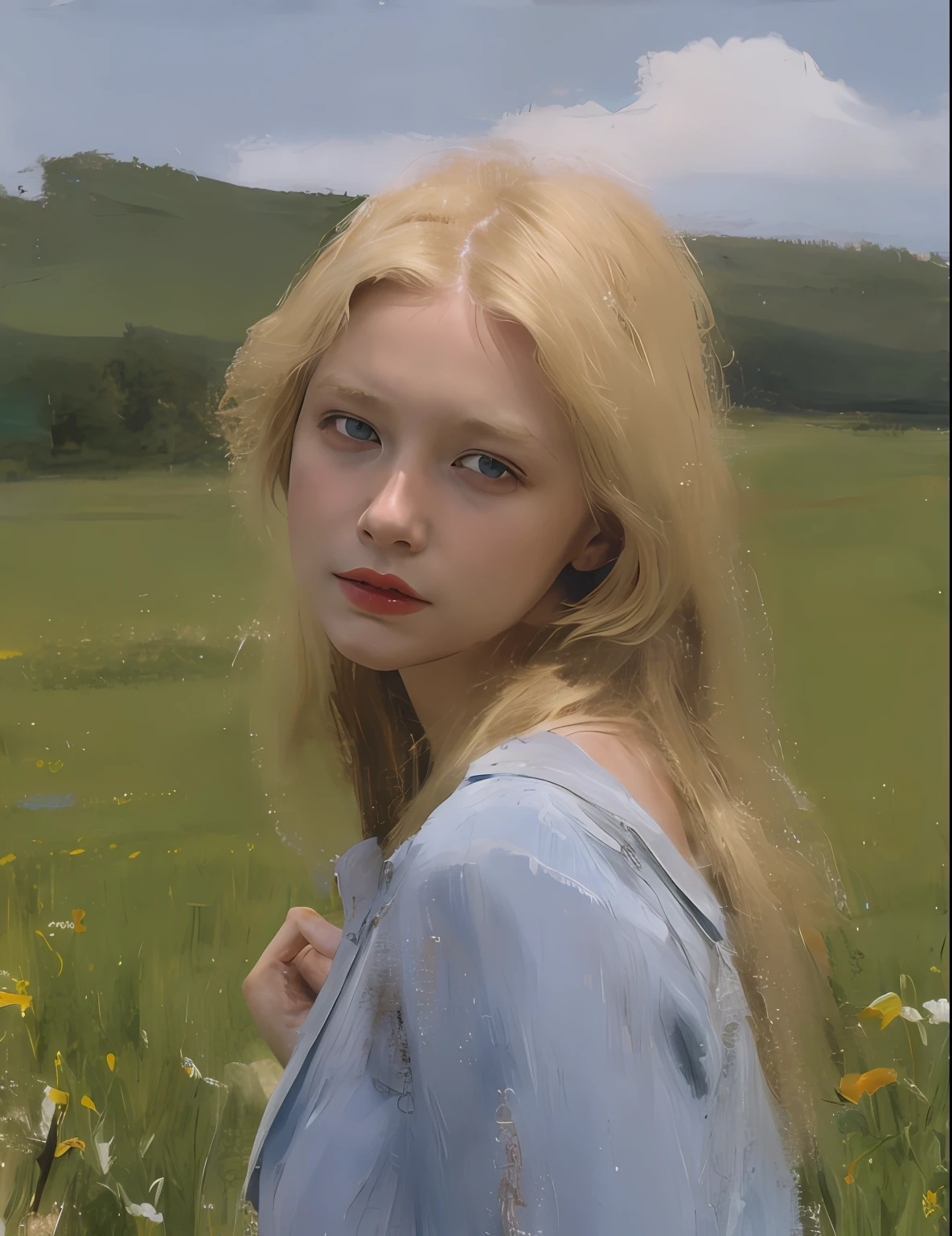 A blonde girl in a field looking back in a ((scared expression))