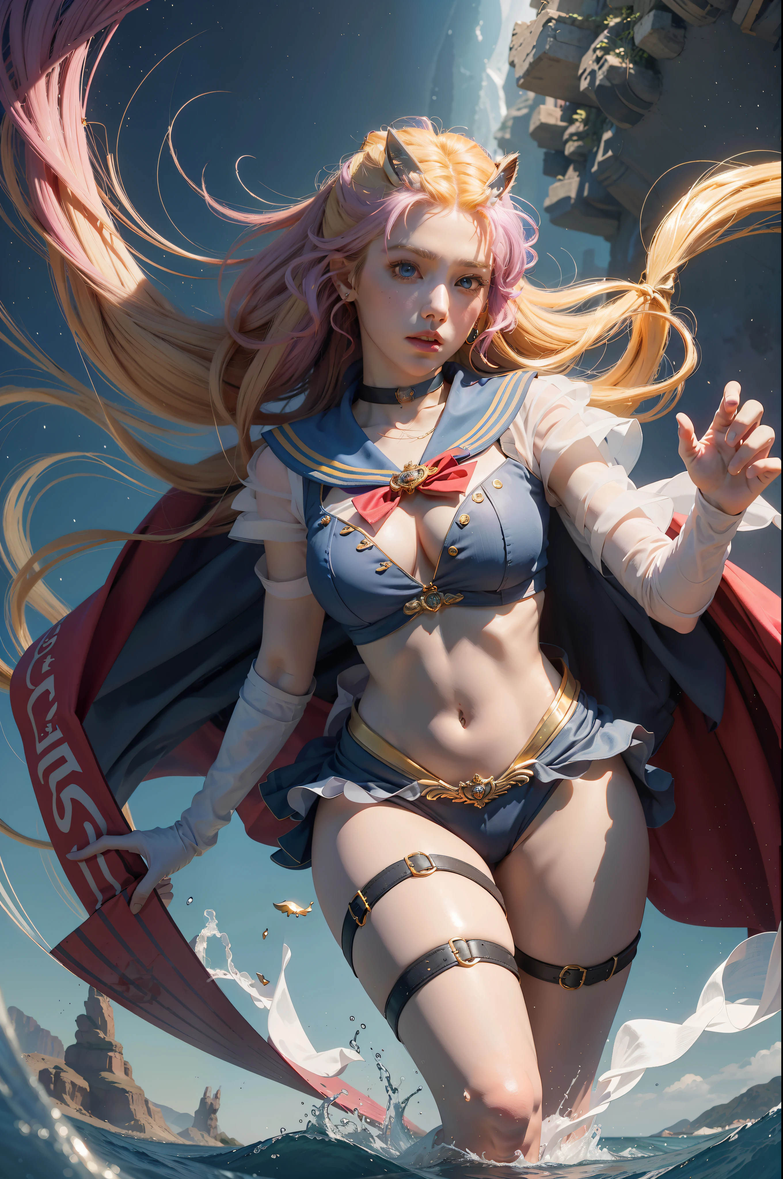 concept art, sailornoon, overhead angle of a Will-o'-the-wisp, wearing red cape swaying with the wind, massive breast, wide hips, blondehair styled as Short hair, fluorescent purple Hair tie, equirectangular 360, Highres,  [(art by Willi Baumeister:1.1), (art by John T. Biggers:1.2)::17], official art, unity 8k wallpaper, ultra detailed, aesthetic, masterpiece, best quality, photorealistic