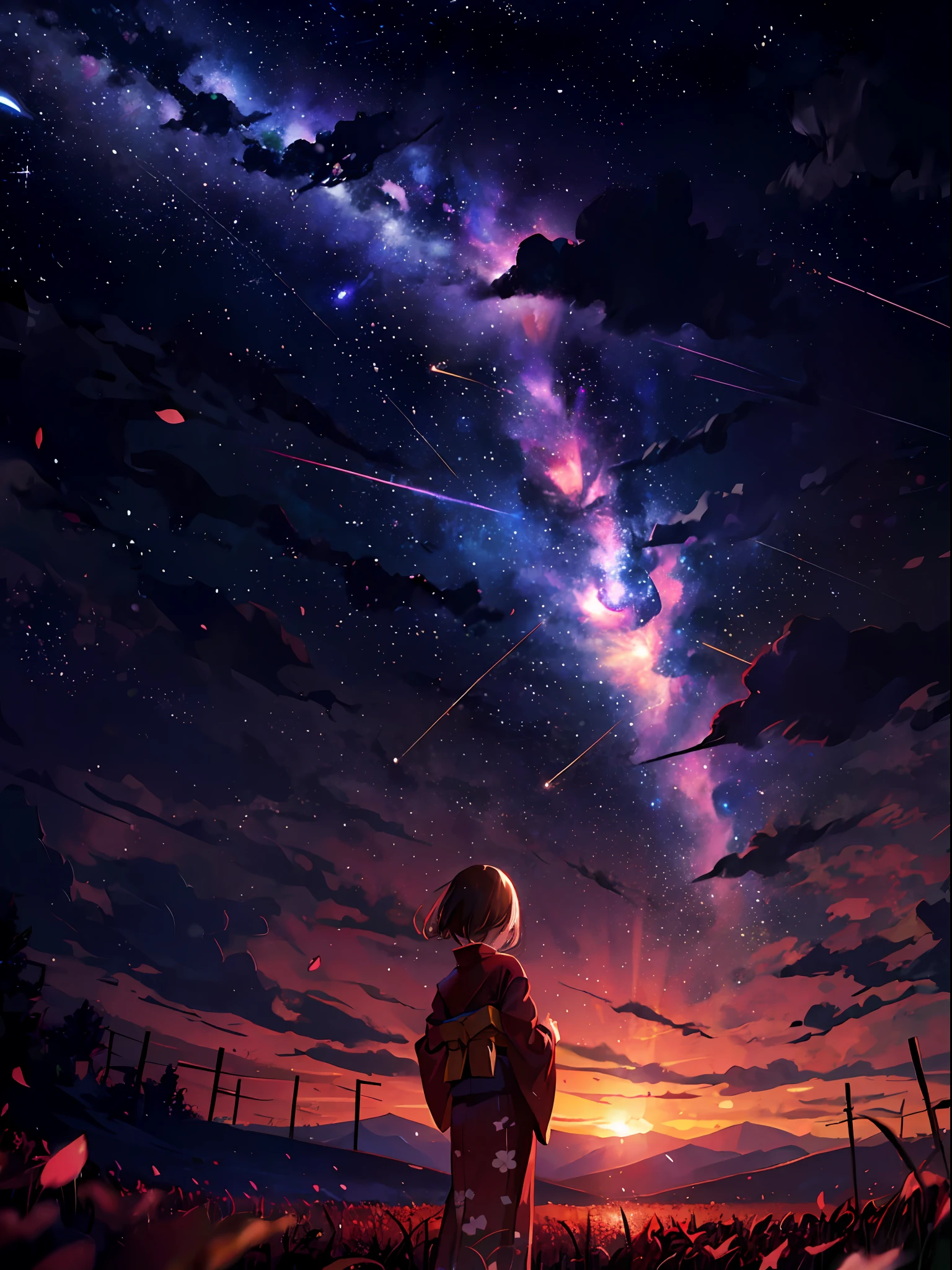 1girl, distant girl wearing a kimono staring at the stars, (zoomed out:1.1), (meteor shower:1.2), (comet:1.1), your name, low angle, from behind, aroura borealis, shooting star, yukata, red kimono, cherry blossoms, standing in a field,best quality, masterpiece, cloud,colorful, starry,stars,
