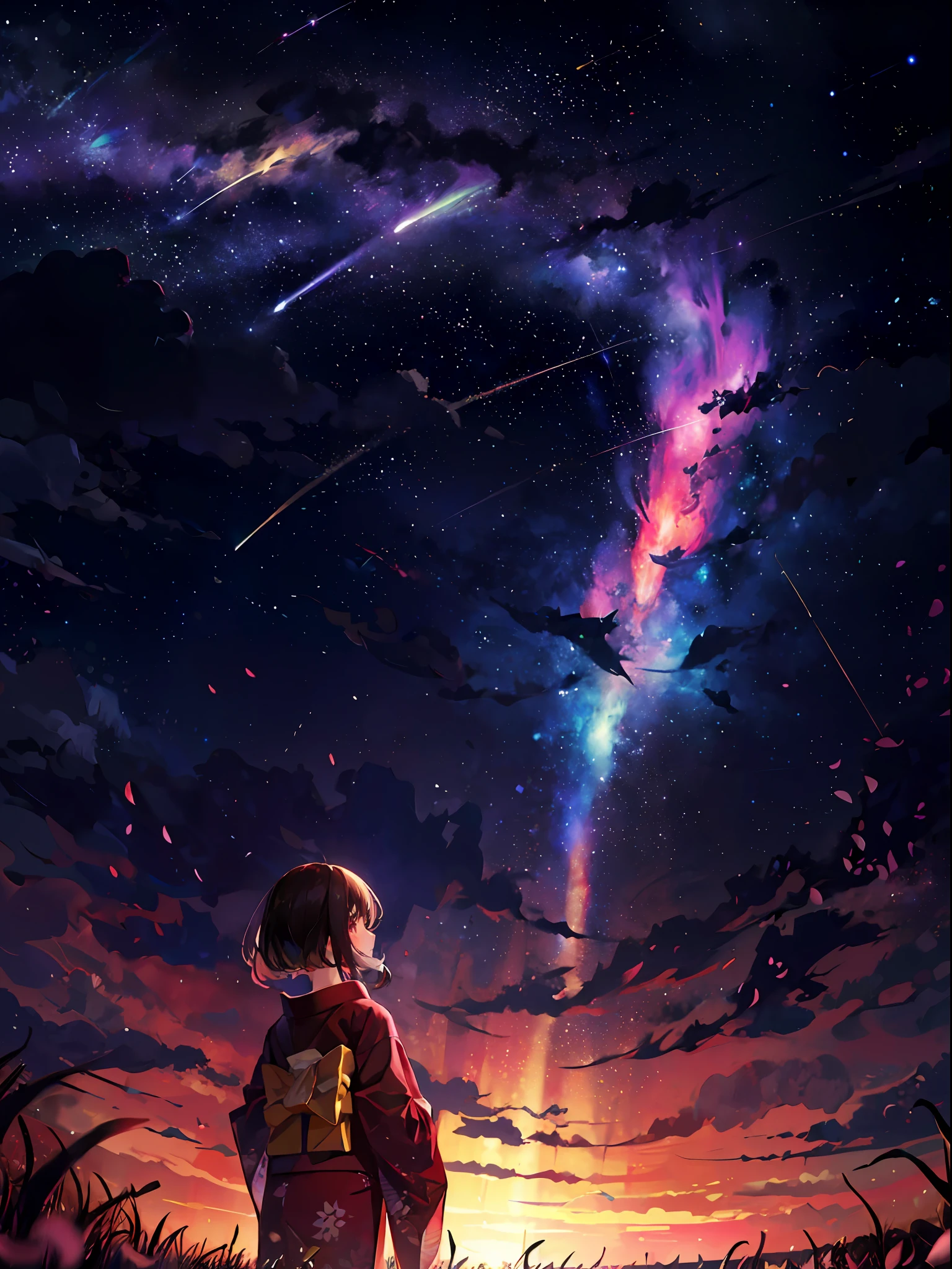 1girl, distant girl wearing a kimono staring at the stars, (zoomed out:1.1), (meteor shower:1.2), (comet:1.1), your name, low angle, from behind, aroura borealis, shooting star, yukata, red kimono, cherry blossoms, standing in a field,best quality, masterpiece,  cloud,colorful, starry,stars,