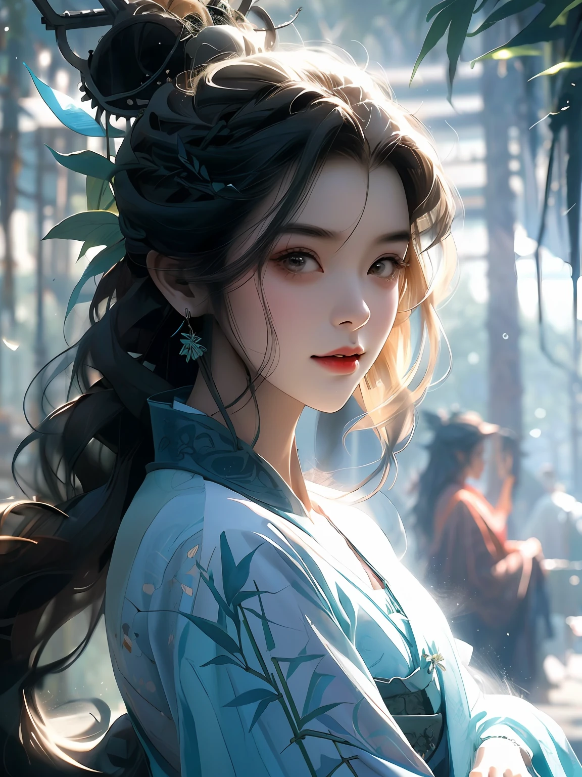 A close-up of a woman,In the bamboo forest,cabelos preto e longos,horse tailed,green headwear,Portable lanterns,Bamboo leaves fall,Hazy,Blue Hanfu,