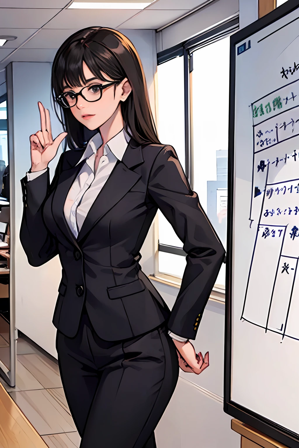 (Secretary Woman:1.3), (businessman:1.2), (Standing posture:1.2), (whiteboard:1.3), (Thought expression:1.2), (Planning Sessions:1.1), (Office Background:1.3), (Casual workwear:1.1), (Write on the board:1.0), (Retention markers:1.1), (Papers on hand:1.0), (Discussion gestures:1.1), (Point to the board:1.0), (Collaborative atmosphere:1.2), (Lighting from the window:1.0)