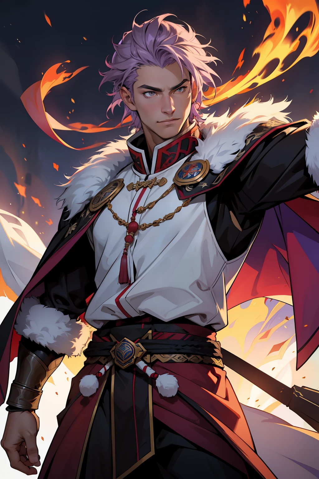 The facial features are clear and three-dimensional，Masterpiece，Highest quality，Handsome male guy，European and American faces，short light purple hair，Wearing ancient Mongolian armor，Animal fur coat with black cape，Martial artist，Ghost fire，Black flame，Red pants，Mongolia，Side face，depth of fields，genghis khan