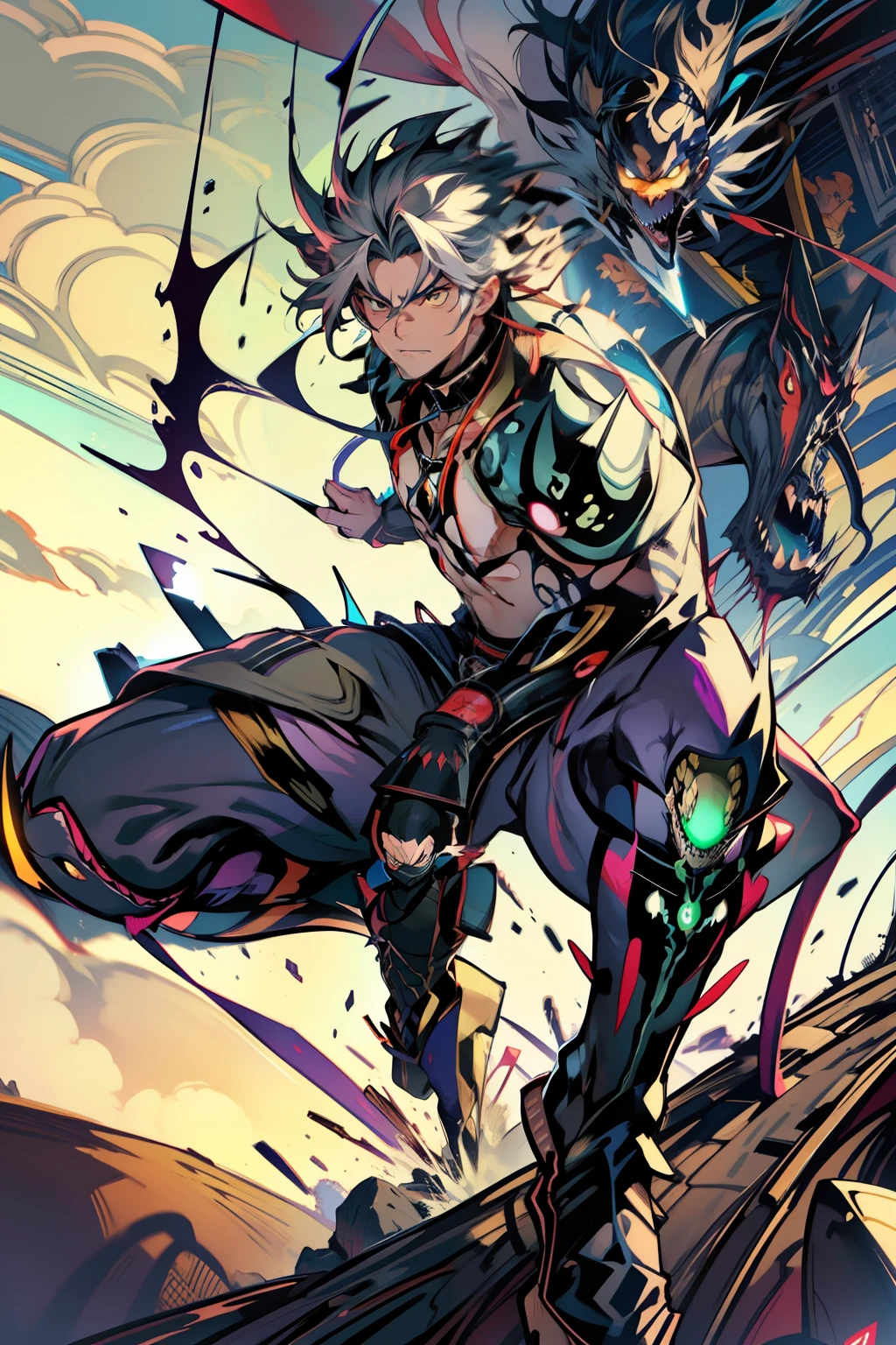 《the original god》Arataki Kazuto , male people,,((Masterpiece)), ((Best quality)), Ultra detailed,((illustration)), Dynamic Angle, Detailed light, (Delicate eyes), Floating, 1boy, Male focus, Head, Clothing, Yellow eyes, necklace, tattoo, (Forehead:0.8), (ahoge:0.8), jewelry, apathy,Ray, chest muscle, Sexy , Venom symbiote for your body, Black mucus of the body , (into venom), Venom,frontage,style of anime4 K, 4K anime wallpaper, Badass anime 8 K, 4 k comic wallpaper, young anime man, Anime boys, Anime wallpapers 4 k, Anime wallpaper 4K, High quality anime art style, Anime moe art style, Anime art wallpaper 8 K, Anime art wallpaper 4 K, RGB lighting