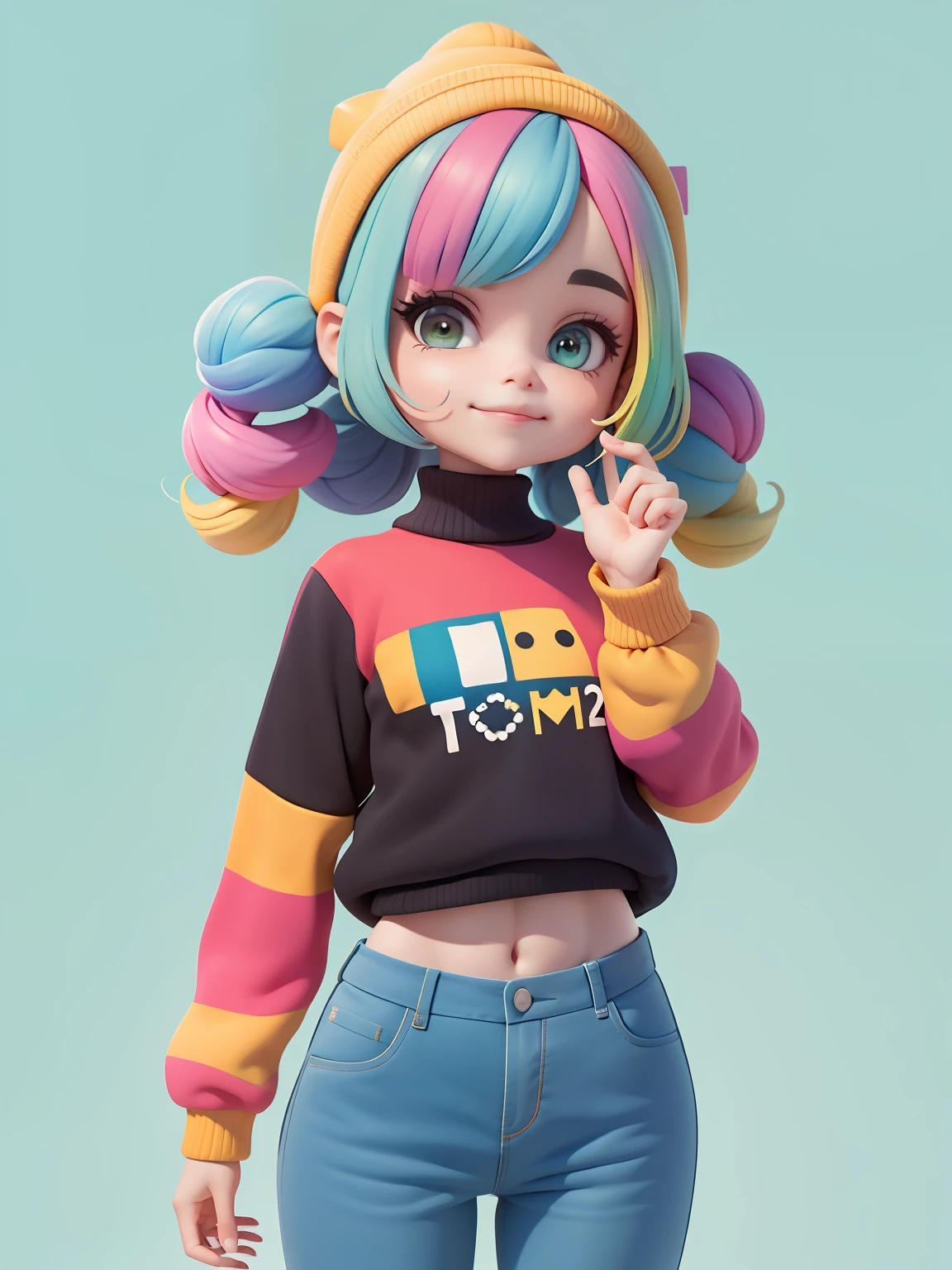 (obra-prima), (melhor qualidade), (ultra-detalhado), (corpo inteiro: 1.2) menina bonita e fofa, capuz, moletom preto, Knitted jumpsuits, Pants, jaqueta, blusa, sorriso claro, corpo inteiro, :3, cabelo multicolor, fundo tom pastel , colorido e simples.
