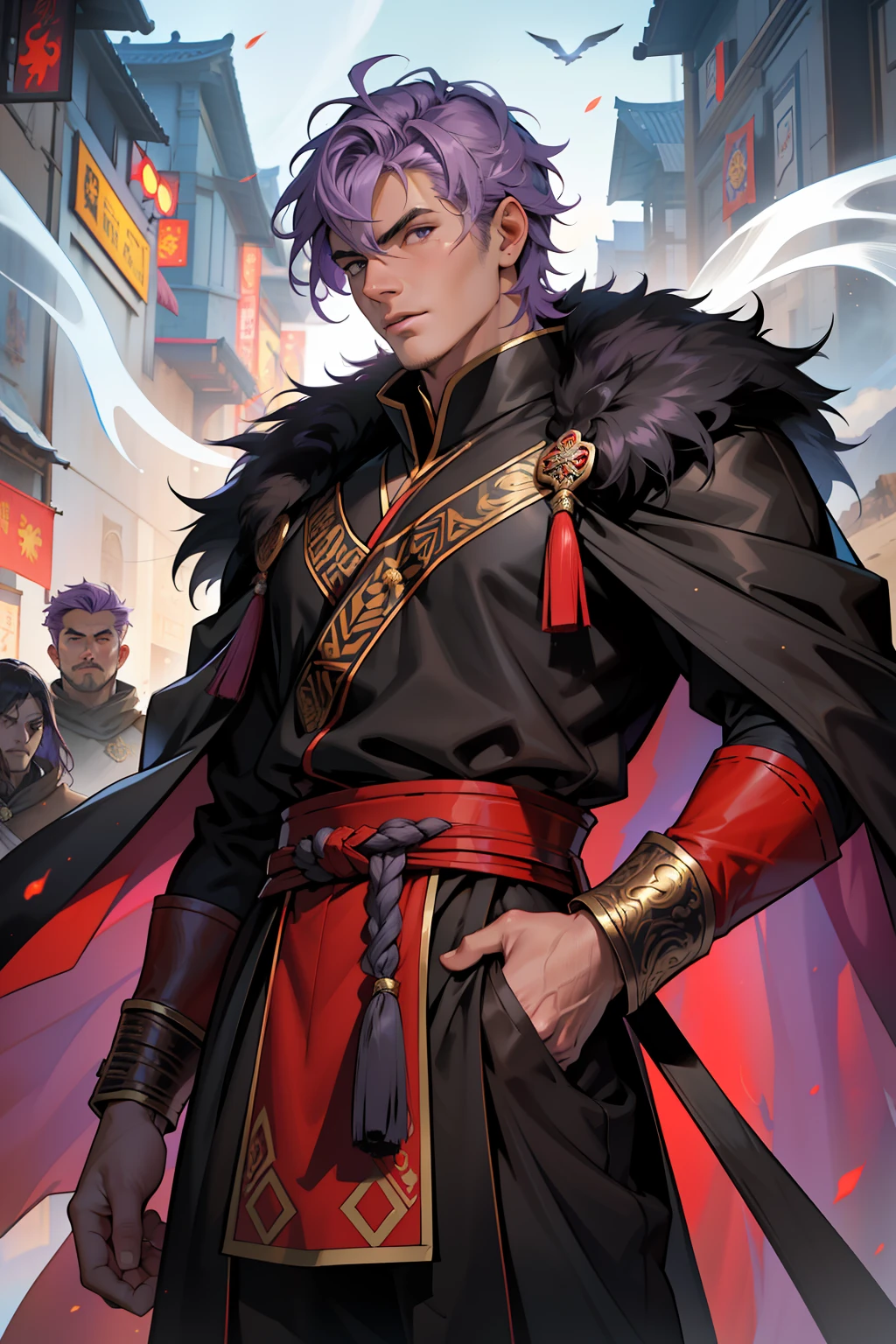 The facial features are clear and three-dimensional,Masterpiece,Highest quality,Handsome male guy,European and American faces,short light purple hair,Wearing ancient Mongolian armor,Animal fur coat with black cape,Martial artist,Ghost fire,Black flame,Red pants,Mongolia,Side face,depth of fields,genghis khan