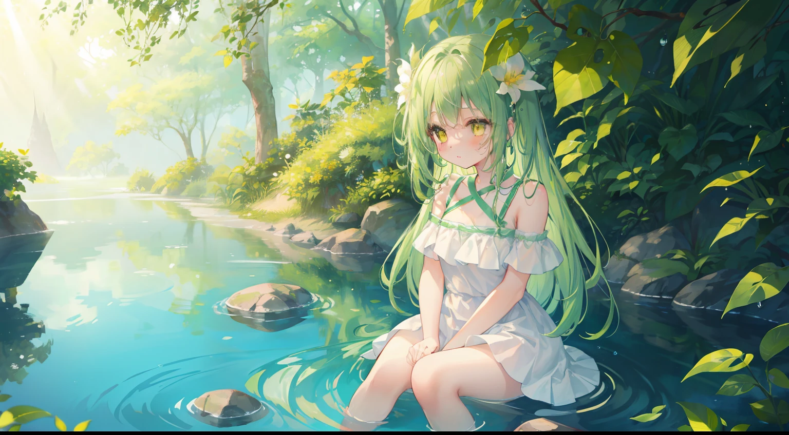 waterface、Sit up、Seiza、Sit on the water、tree shade、Leaf shadow、Green light、Morning light、beautiful reflection、Green hair、One girl、yellow  eyes、​masterpiece、Top image quality、top-quality、Eau、water dripping、morning dew、morning、cute little