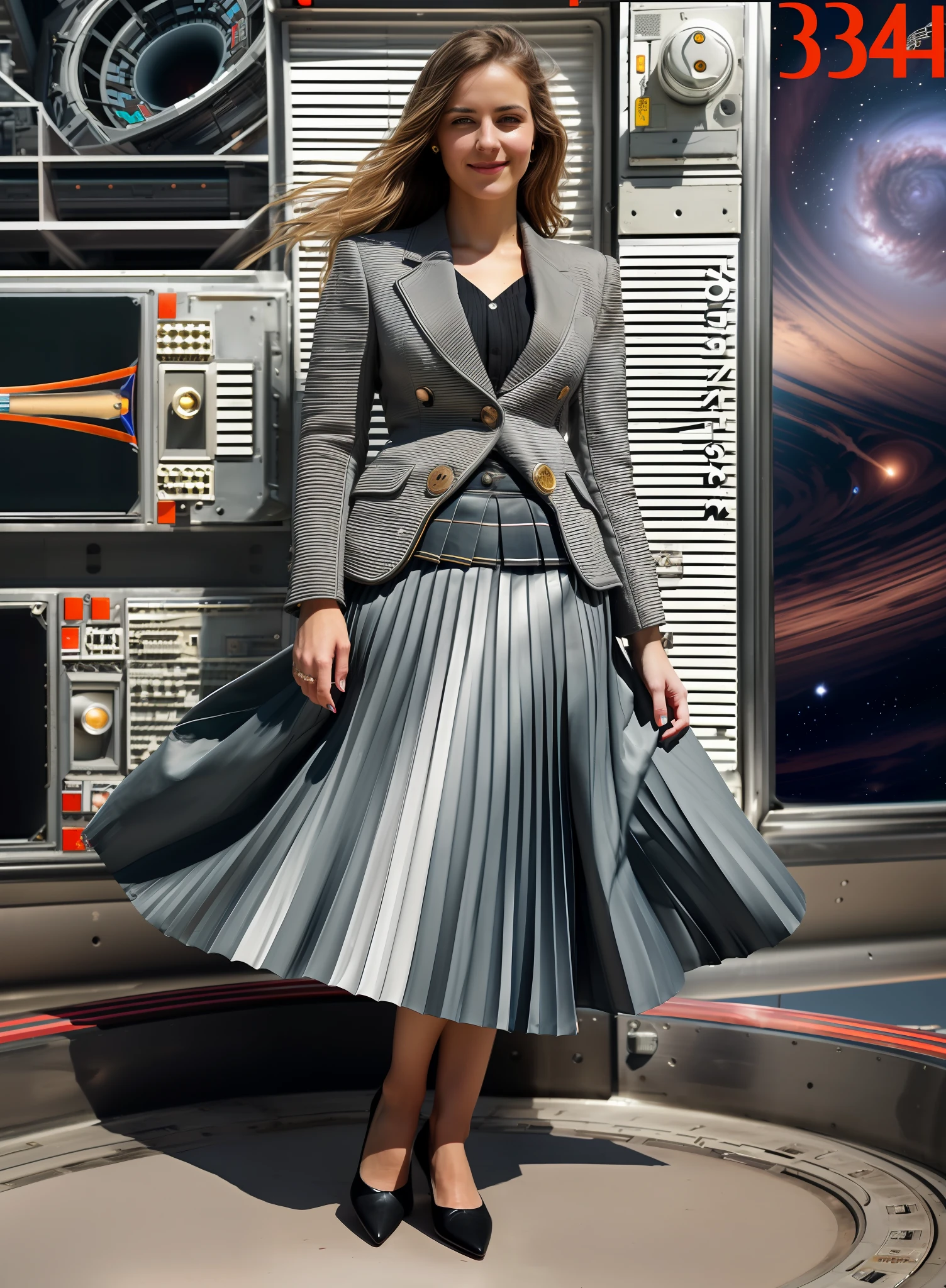 very (shy smiling:1,1) good woman wearing a short blazer with a very very detailed (long (fully pleated) full circle skirt) and (simple) low heeled office shoes, very very intricate hyper-detailed symmetric (attractive graceful young feminine face) with (sad, tired eyes and a shy smile), large breasts, full of empathy and compassion and love, (pronounced (feminine) features), (highly detailed ultra accurate realistic) hands and fingers, (windy conditions and wind blowing), epic composition, highly detailed attributes, highly detailed atmosphere, (35mm f1.4 Kodak portra 400 photograph), extremely high quality RAW photograph, (deep space station secret operations active),