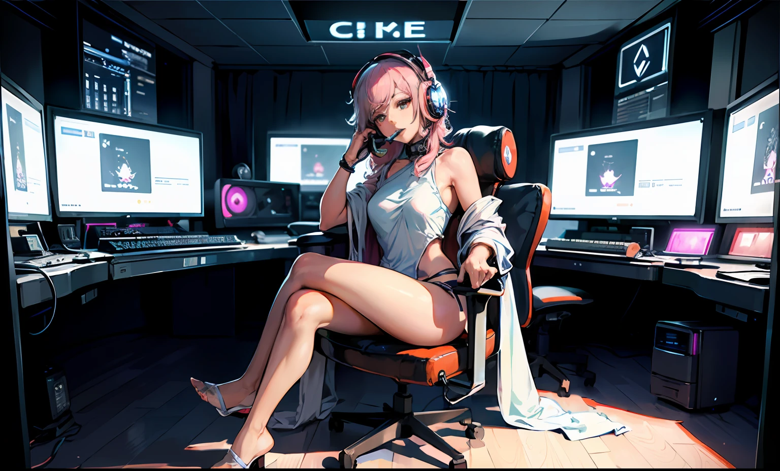 detailed manga illustration,(masterpiece),(best quality),Amazing,beautiful detailed,extremely detailed wallpaper,extremely detailed CG unity 8k wallpaper,an extremely delicate and beautiful,perfect face, sidelighting, lustrous skin, (shine), lighting, depth of field,outdoor,
((1girls)),((Miko clothing)),(full body),(((Clear face))),((Clear eyes)),high contrast,contour deepening,cinematiclighting,detailed background,
(((solo))),
(a beautiful and cute girl),
((headphones)), (guitar),((headphones)), (monitors), (professional DJ booths)),
((Cyberpunk Room)), Indoor, (Computer, Multi-monitor), Live Video,(Professional Audio Mixer), Windows,
((sitting in a gaming chair)),
(beautiful eyes), pink hair,best hands,