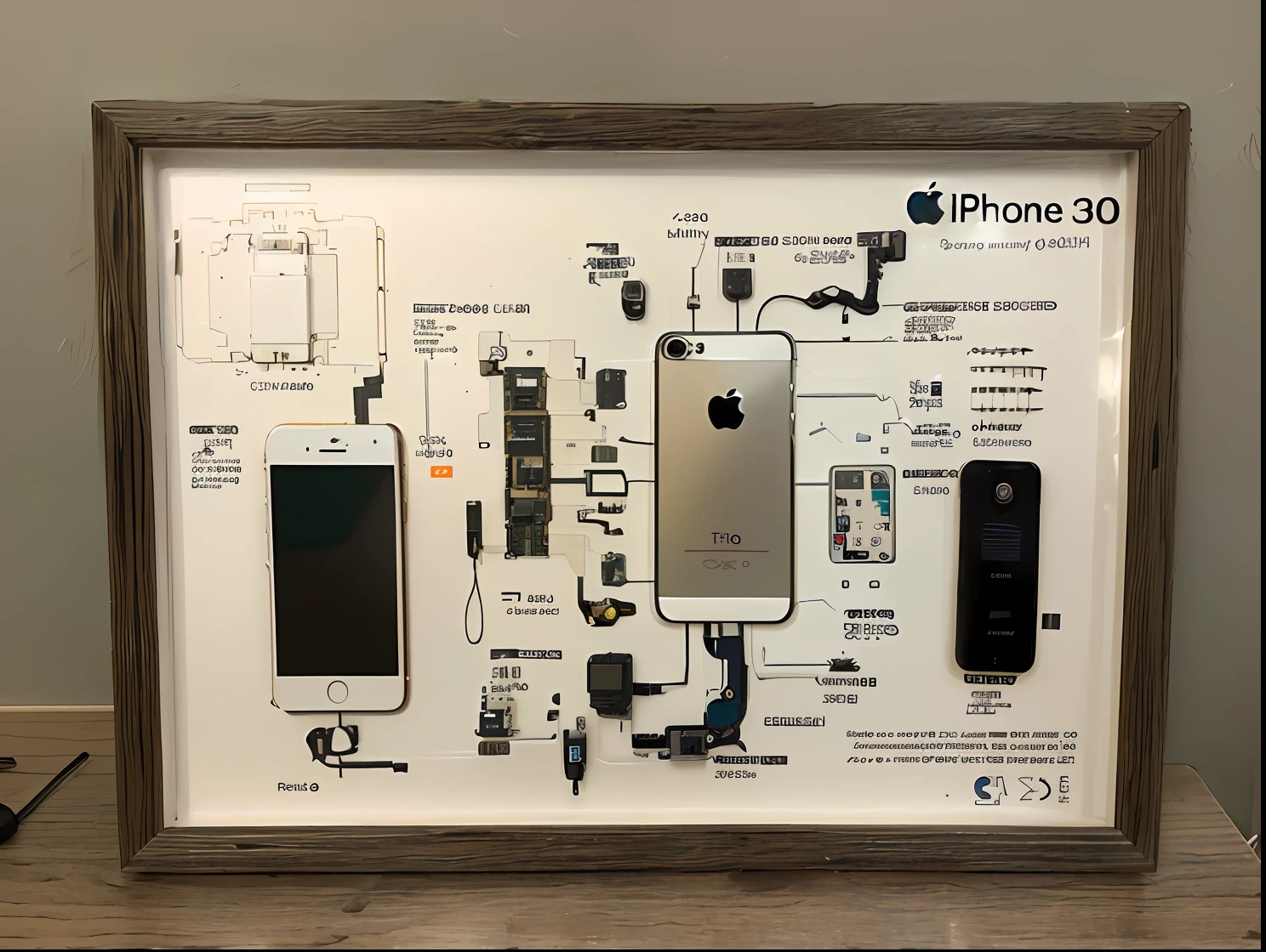 There is a picture of a picture of the phone,The parts are marked with, exploded view!!, iphone detailed photo, everything fits on the screen, apple design, electrical case display, Exploded parts assembly, electronic case display, photograph of 3d ios room, layout frame, A painting of an Apple phone, exploded view, Knolling, full device, accurate and detailed