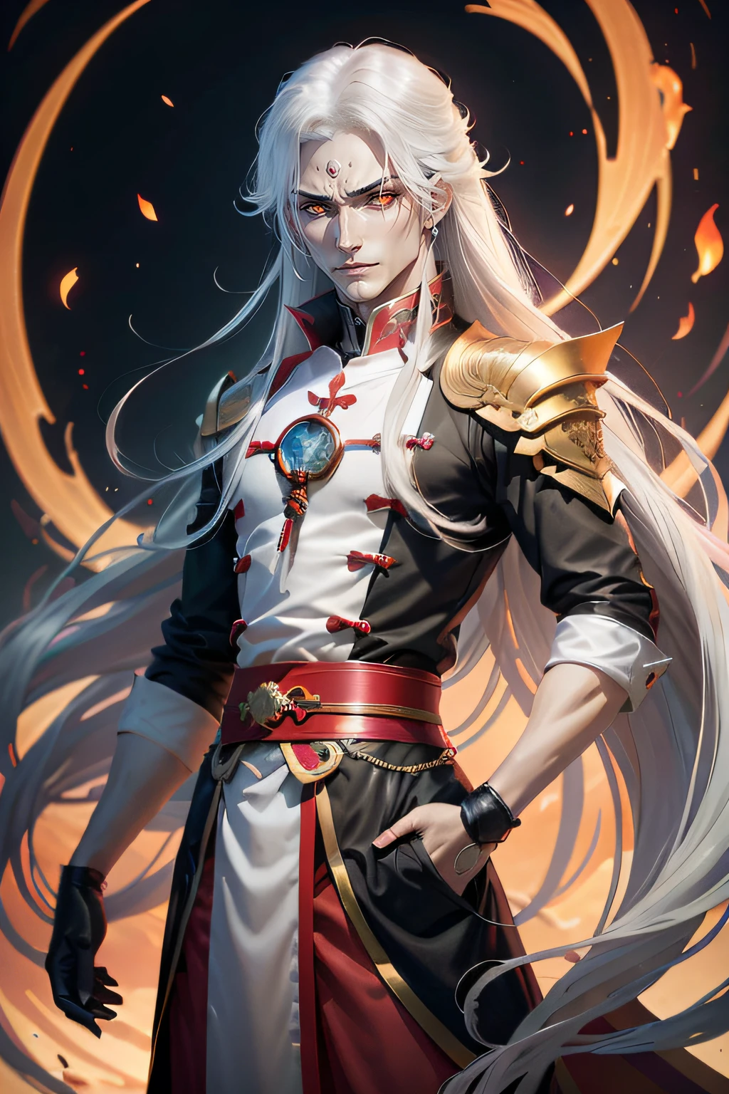 Oriental Xiuxian,Long white hair anime character, red eyes,Holding a Tang knife in his right hand, Best anime 4k konachan wallpaper, Silver-haired youth, Detailed digital anime art, Anime art wallpaper 4 K, Anime art wallpaper 4k, handsome anime man, anime mecha aesthetic, Detailed key anime art, Portrait anime handsome, Anime art wallpaper 8 K,Blue sky background