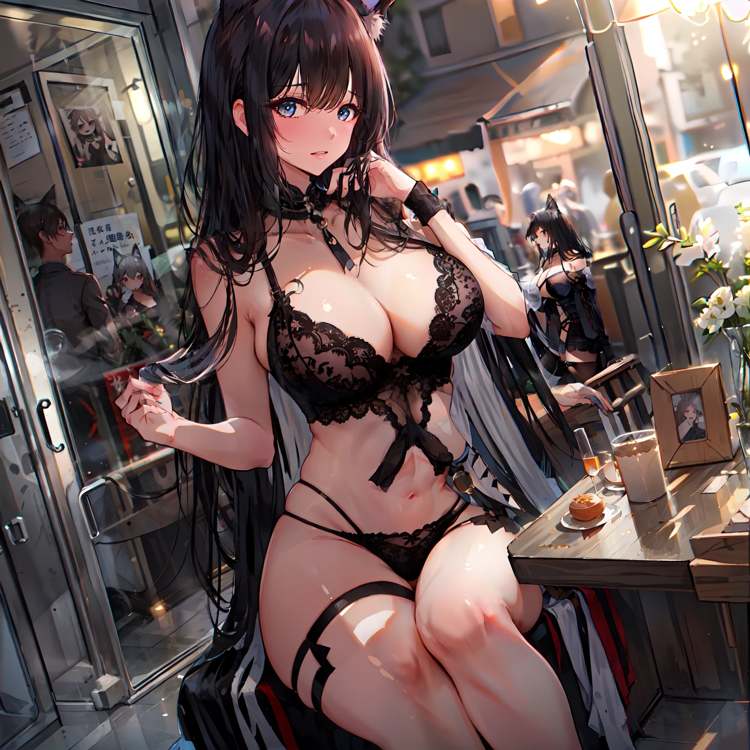 ((tmasterpiece))，Best quality，1girll，closeup cleavage，独奏，deep in the night，Desolate streets，Background with，（Very little clothing），（effeminate），（Superb body），（Thin waist Long legs），（Dog ears），（Eyes with love），（Bigboobs），（seductiv），Need, The body is superlative, Transparent waist,  ， Looking at the audience, Oversized tits, exposed, Loose big breasts, Bare big breasts, big breasts of hands, chest of hands, boobgasm, boobgasm, boobgasm, Big breasts